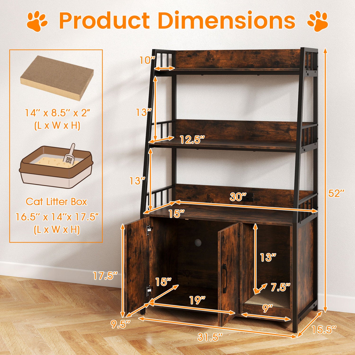 Cat Litter Box Enclosure, Storage Shelves, Scratching Pad, Brown Cat Houses at Gallery Canada