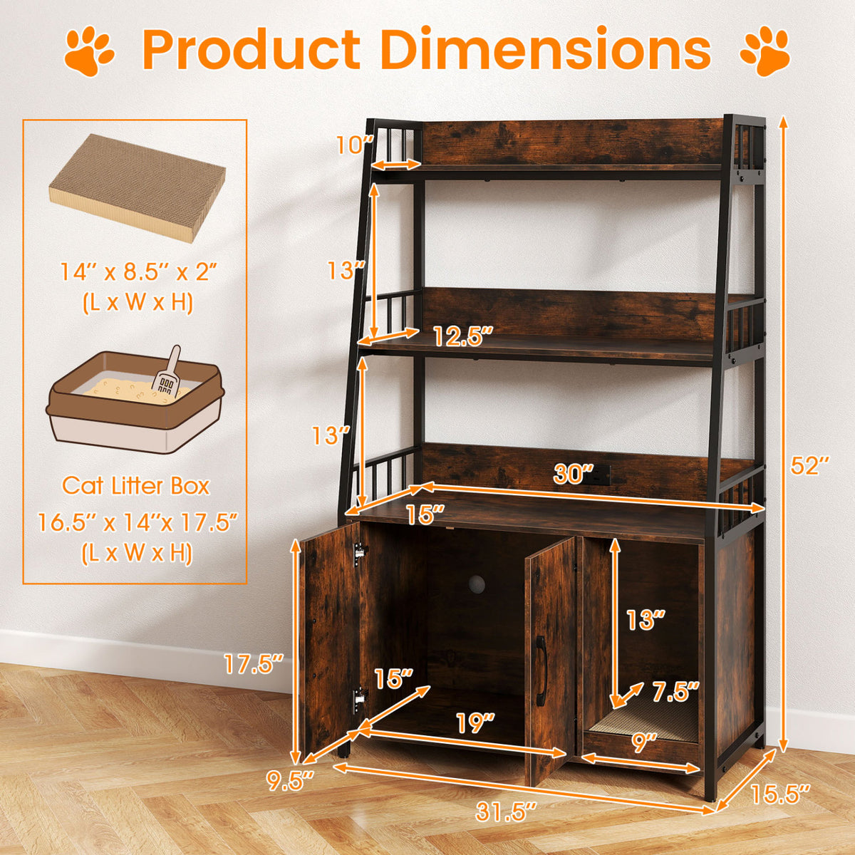 Cat Litter Box Enclosure, Storage Shelves, Scratching Pad, Brown Cat Houses at Gallery Canada