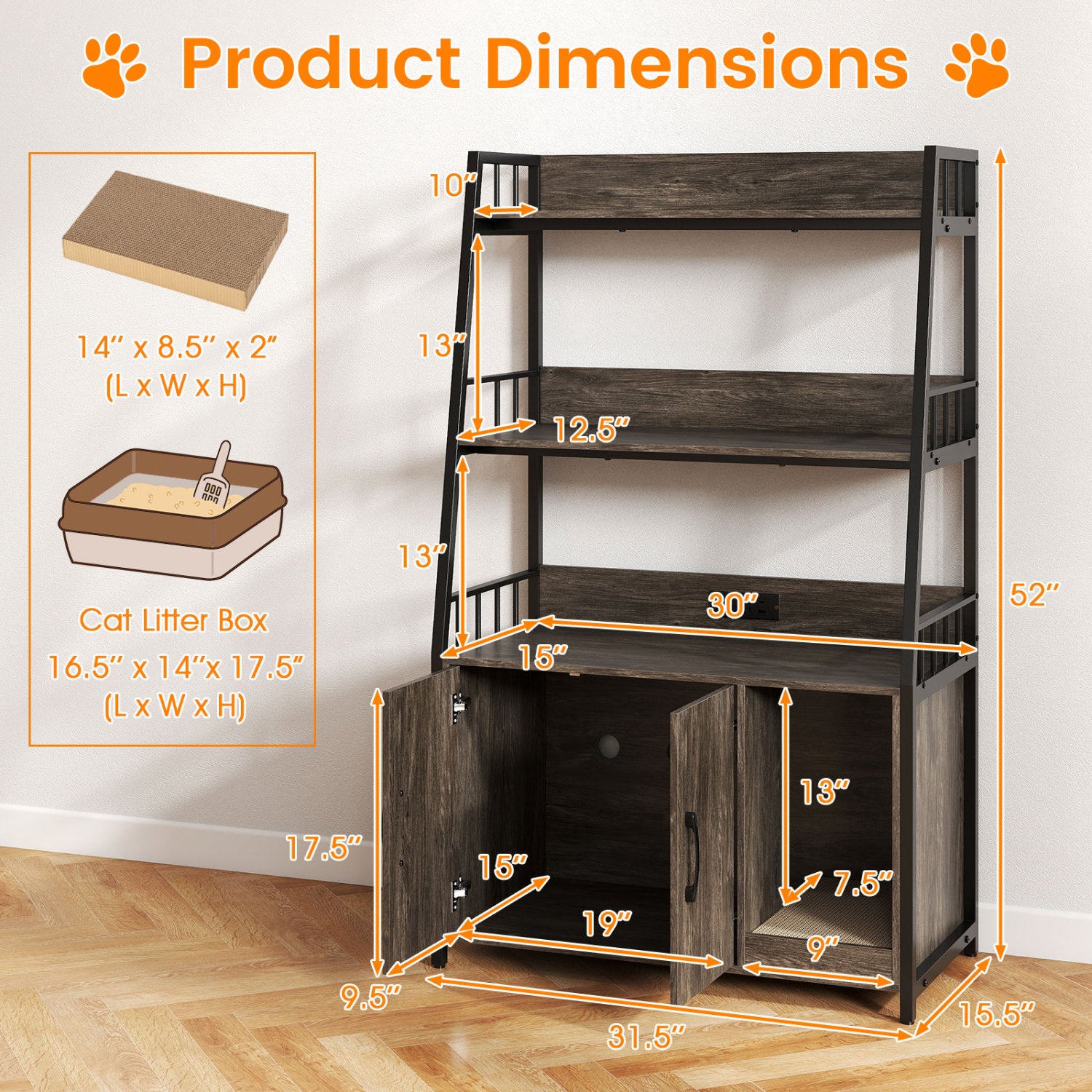 Cat Litter Box Enclosure, Storage Shelves, Scratching Pad, Gray Cat Houses at Gallery Canada