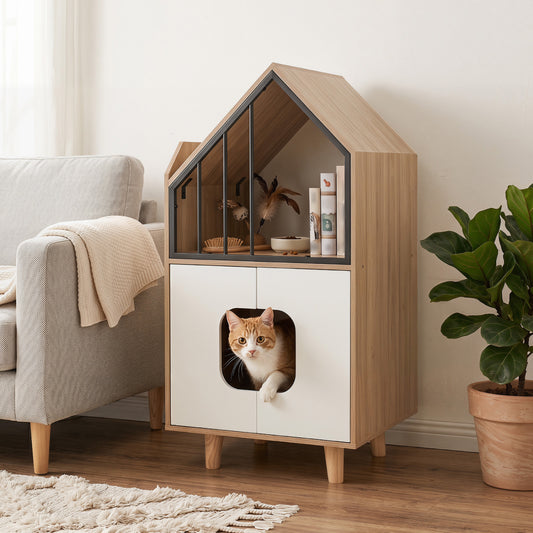 Cat Litter Box Enclosure, Wooden House, Shelf & 2 Doors, Natural Cat Houses Natural at Gallery Canada