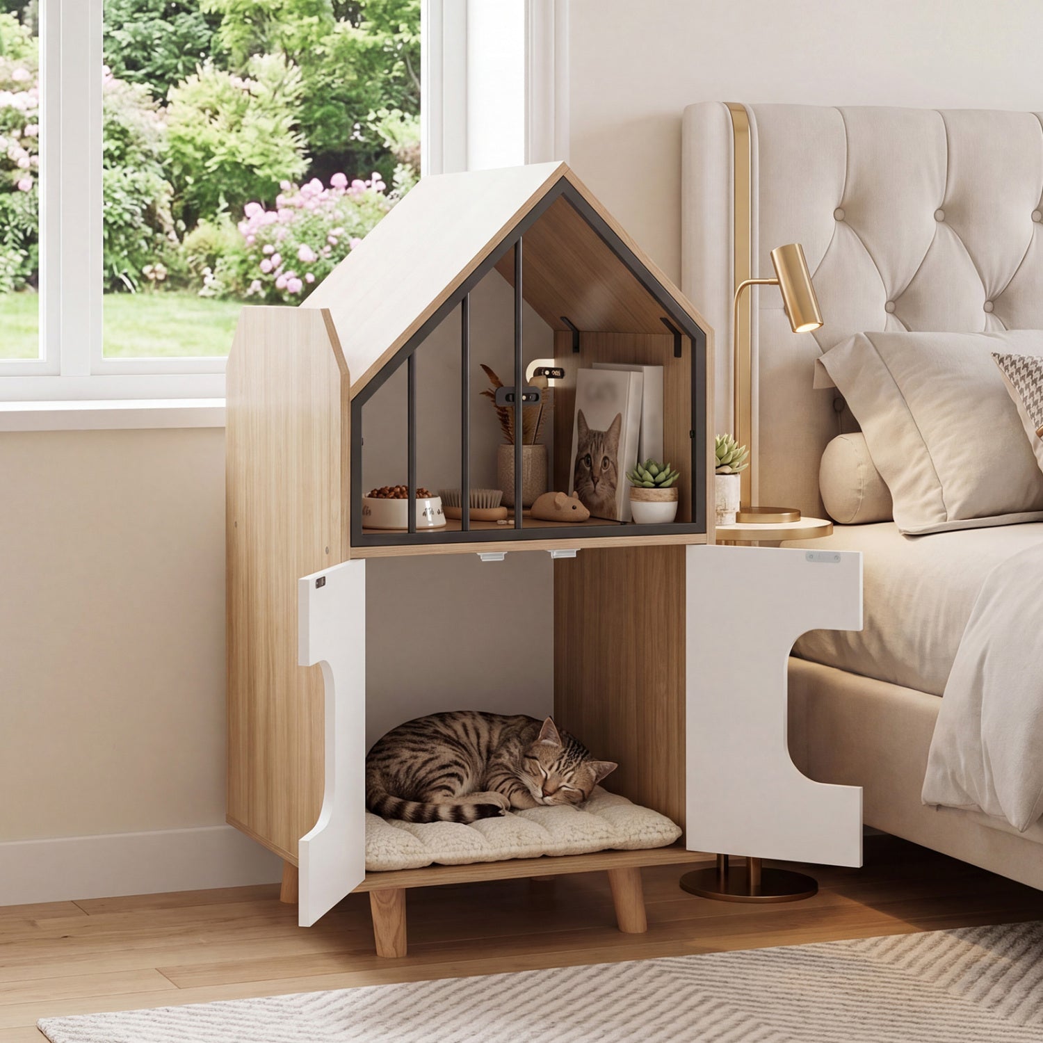 Cat Litter Box Enclosure, Wooden House, Shelf & 2 Doors, Natural Cat Houses at Gallery Canada