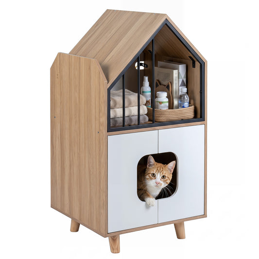 Cat Litter Box Enclosure, Wooden House, Shelf & 2 Doors, Natural Cat Houses Natural at Gallery Canada