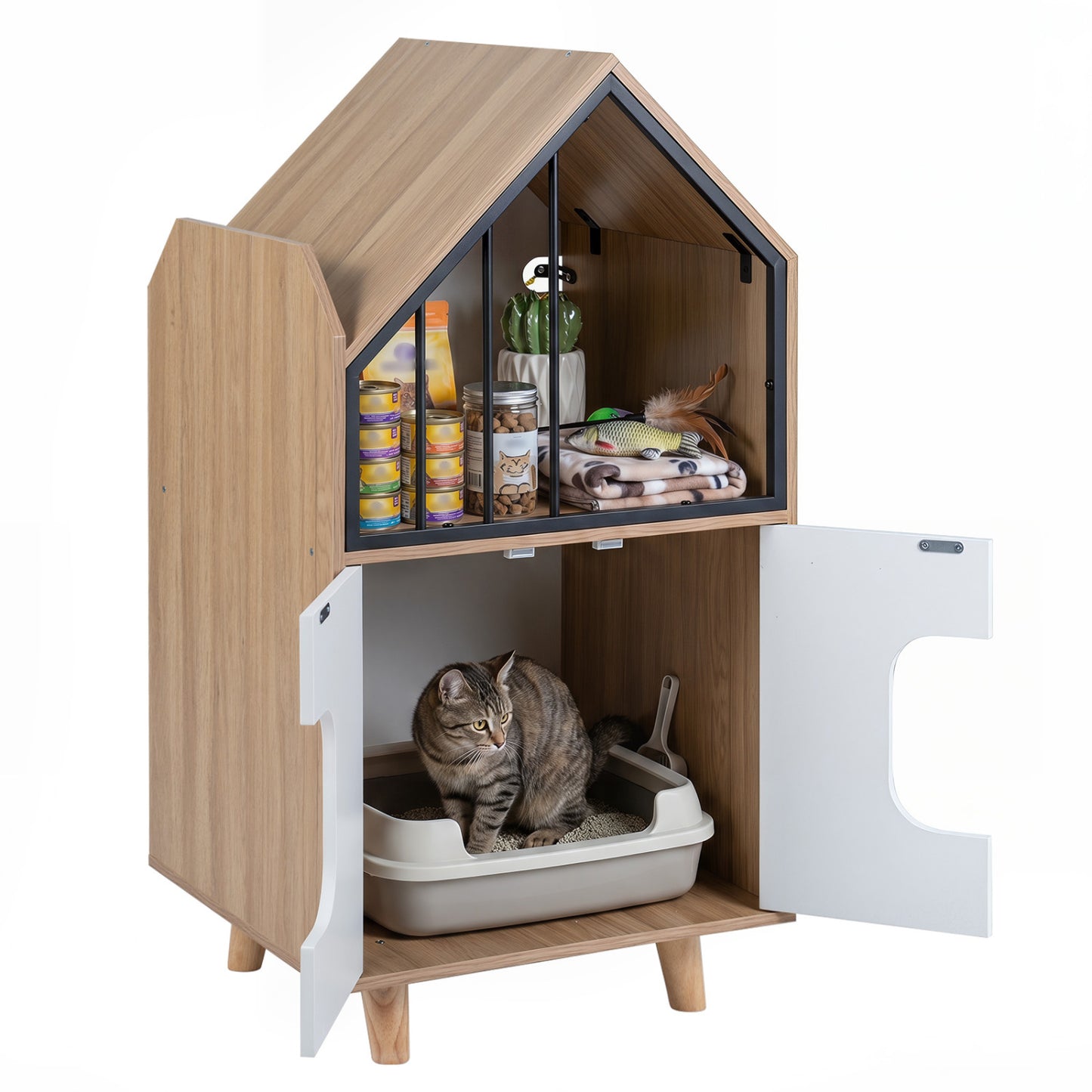 Cat Litter Box Enclosure, Wooden House, Shelf & 2 Doors, Natural Cat Houses at Gallery Canada