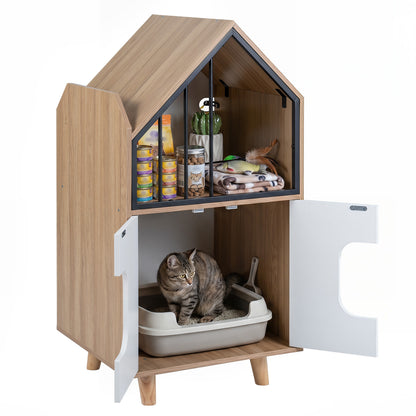 Cat Litter Box Enclosure, Wooden House, Shelf & 2 Doors, Natural Cat Houses at Gallery Canada