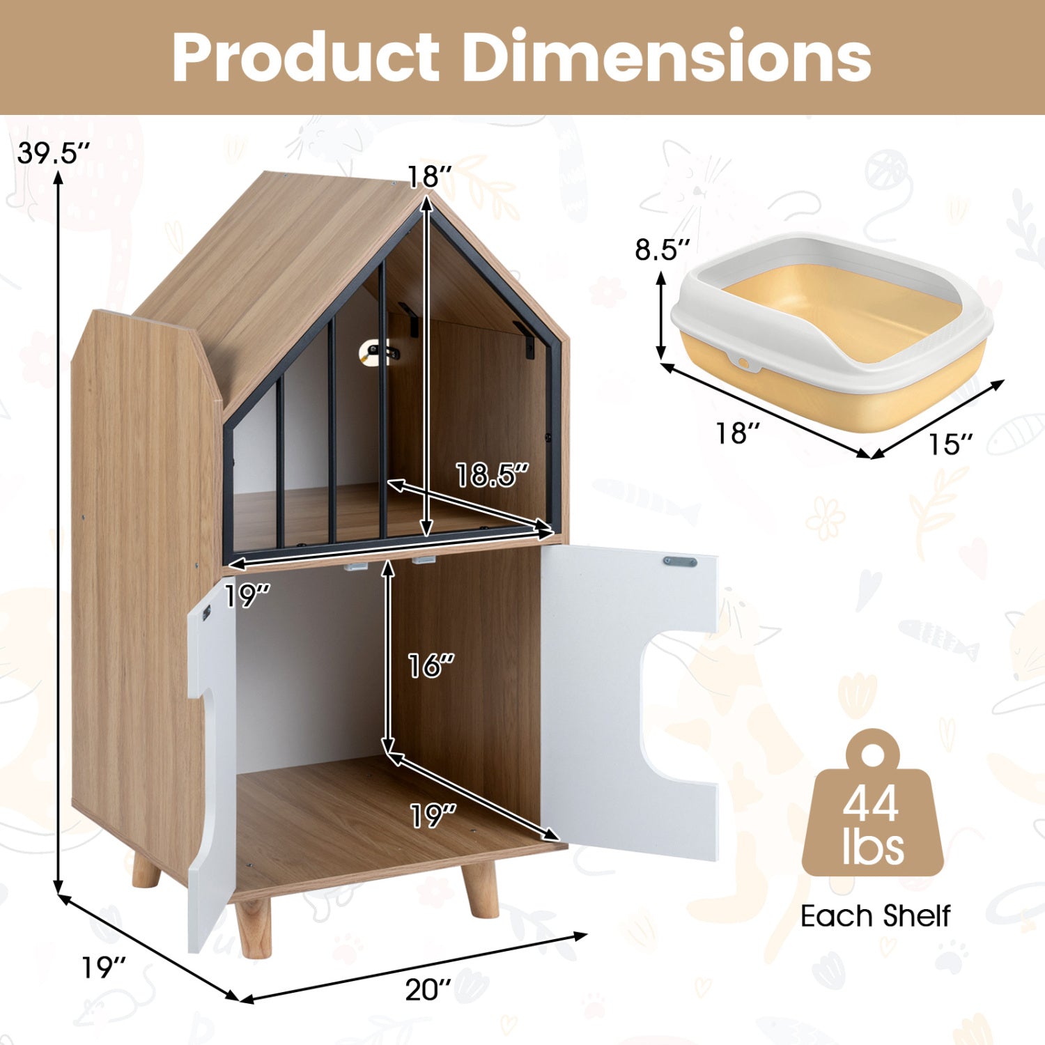 Cat Litter Box Enclosure, Wooden House, Shelf & 2 Doors, Natural Cat Houses at Gallery Canada