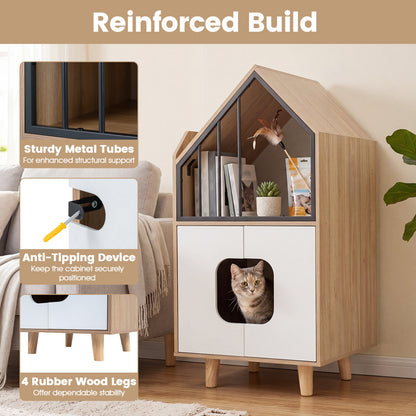 Cat Litter Box Enclosure, Wooden House, Shelf & 2 Doors, Natural Cat Houses at Gallery Canada