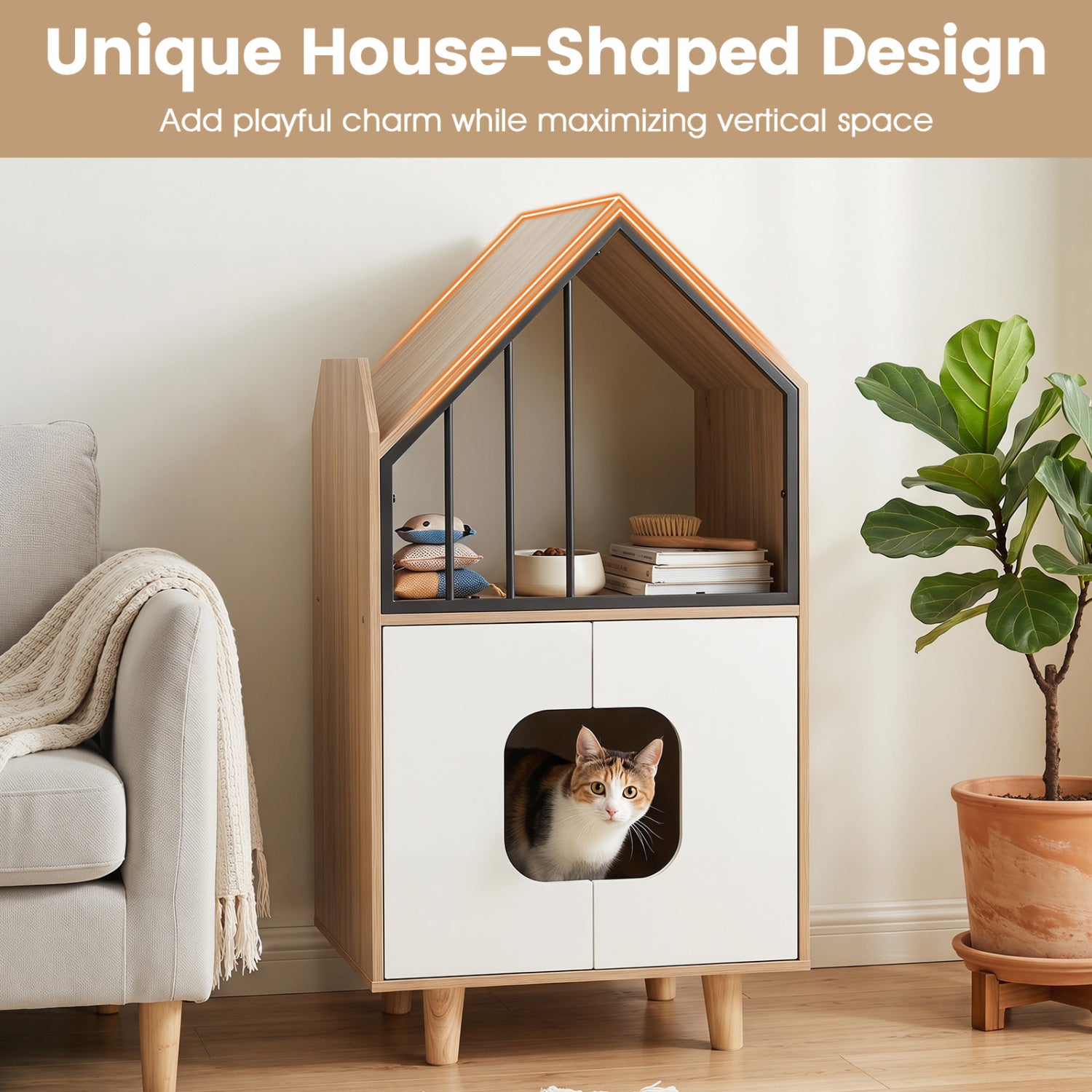 Cat Litter Box Enclosure, Wooden House, Shelf & 2 Doors, Natural Cat Houses at Gallery Canada