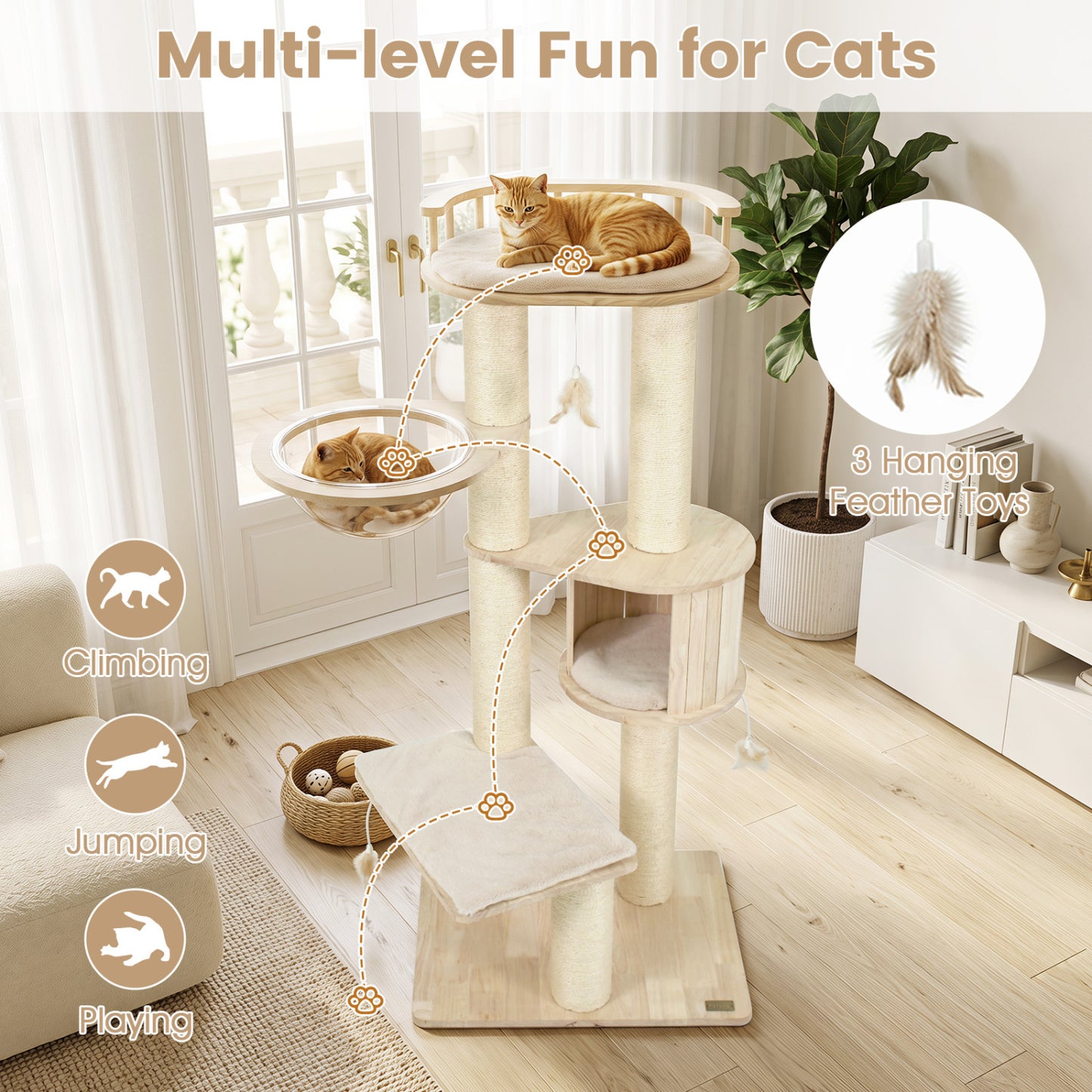 Arbre à chat pour chatons d'intérieur avec perchoir condo et jouets, beige