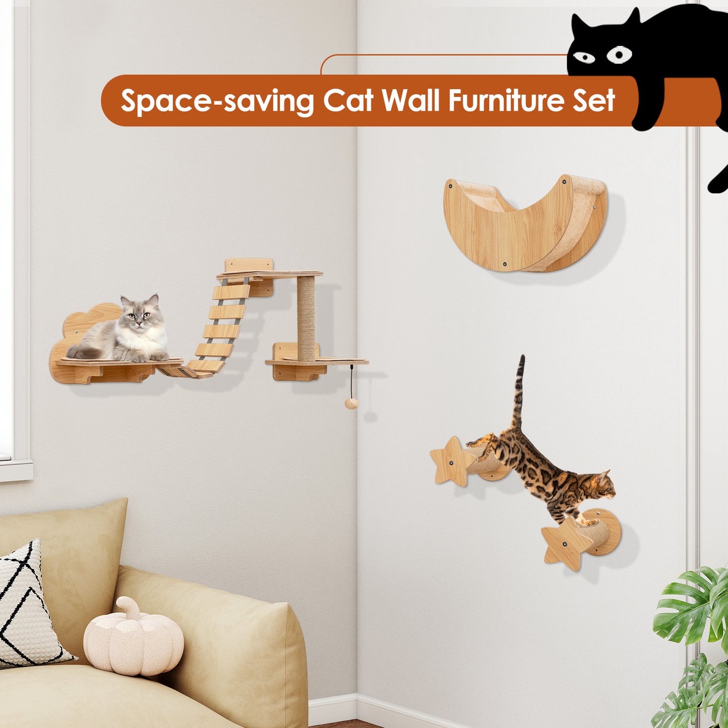 Cat Wall Furniture Set Kitten Wall Mounted Shelves with Hammock, Natural Cat Trees Condos & Scratchers at Gallery Canada