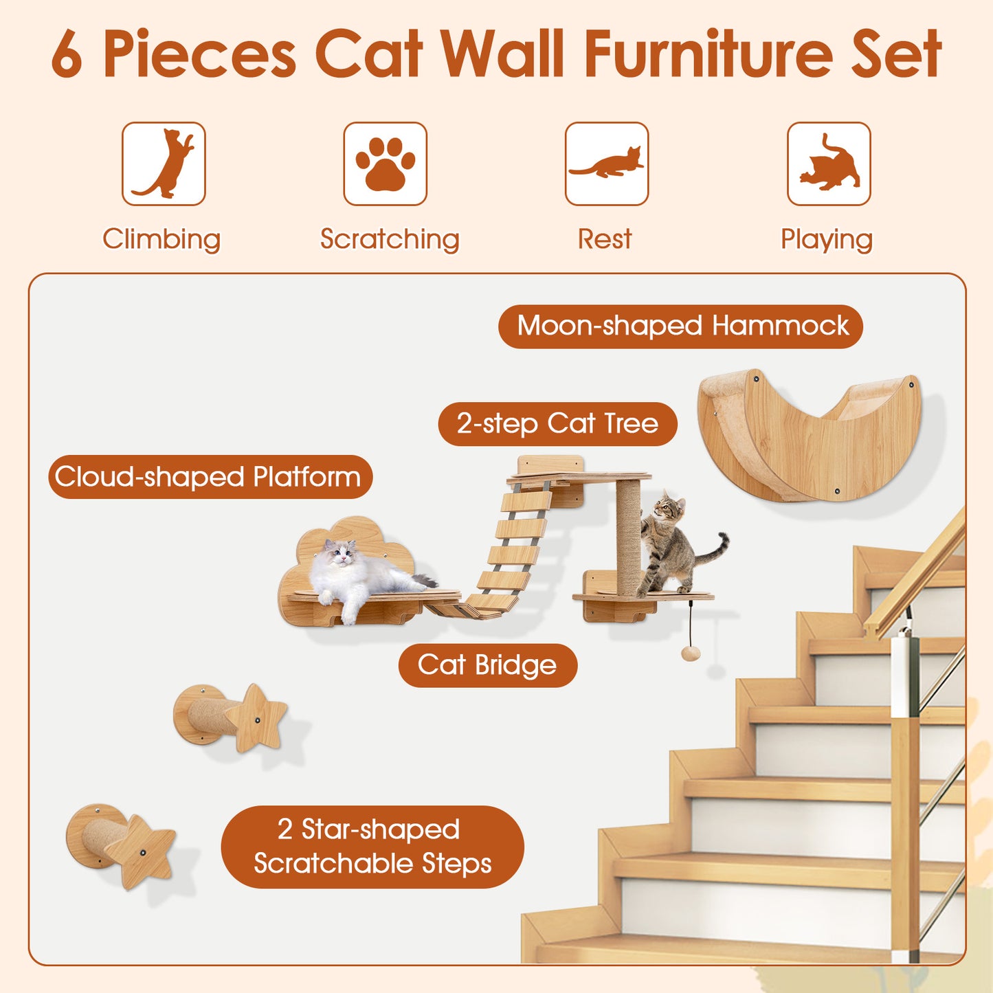 Cat Wall Furniture Set Kitten Wall Mounted Shelves with Hammock, Natural Cat Trees Condos & Scratchers at Gallery Canada