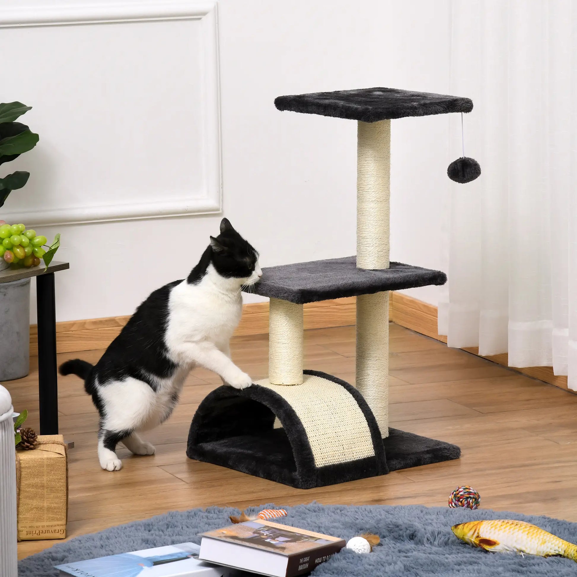 28" Cat Tree with Scratching Post, Pad, Toy Ball, Grey Cat Towers at Gallery Canada