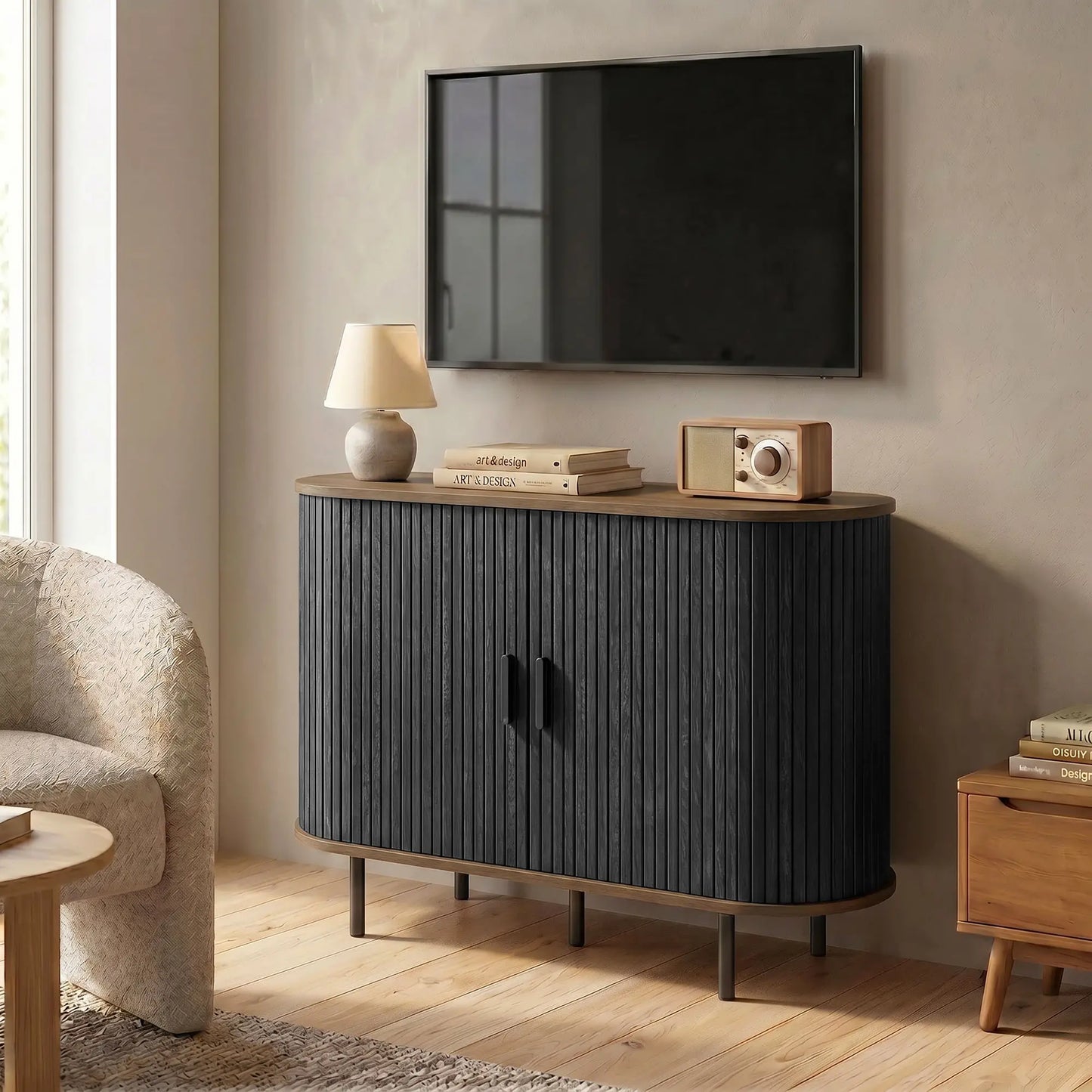 Wood Grain Sideboard With Curved Tambour Doors, Brown