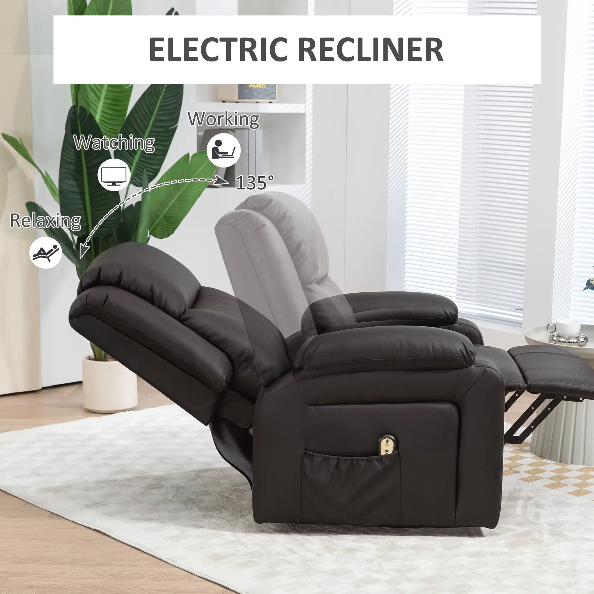 PU Leather Electric Recliner Chair, Remote, Side Pockets, Brown Electric Power Lift Chairs at Gallery Canada