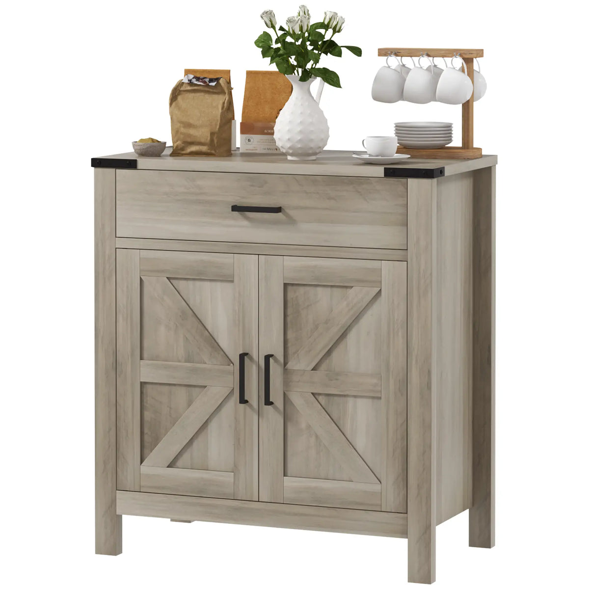 Farmhouse Buffet Cabinet, 1 Drawer, Storage Cabinet, Adjustable Shelf, Grey Bar Cabinets Grey at Gallery Canada