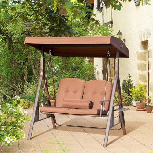 2-Person Patio Swing Chair, Adjustable Canopy, Soft Cushions, Brown