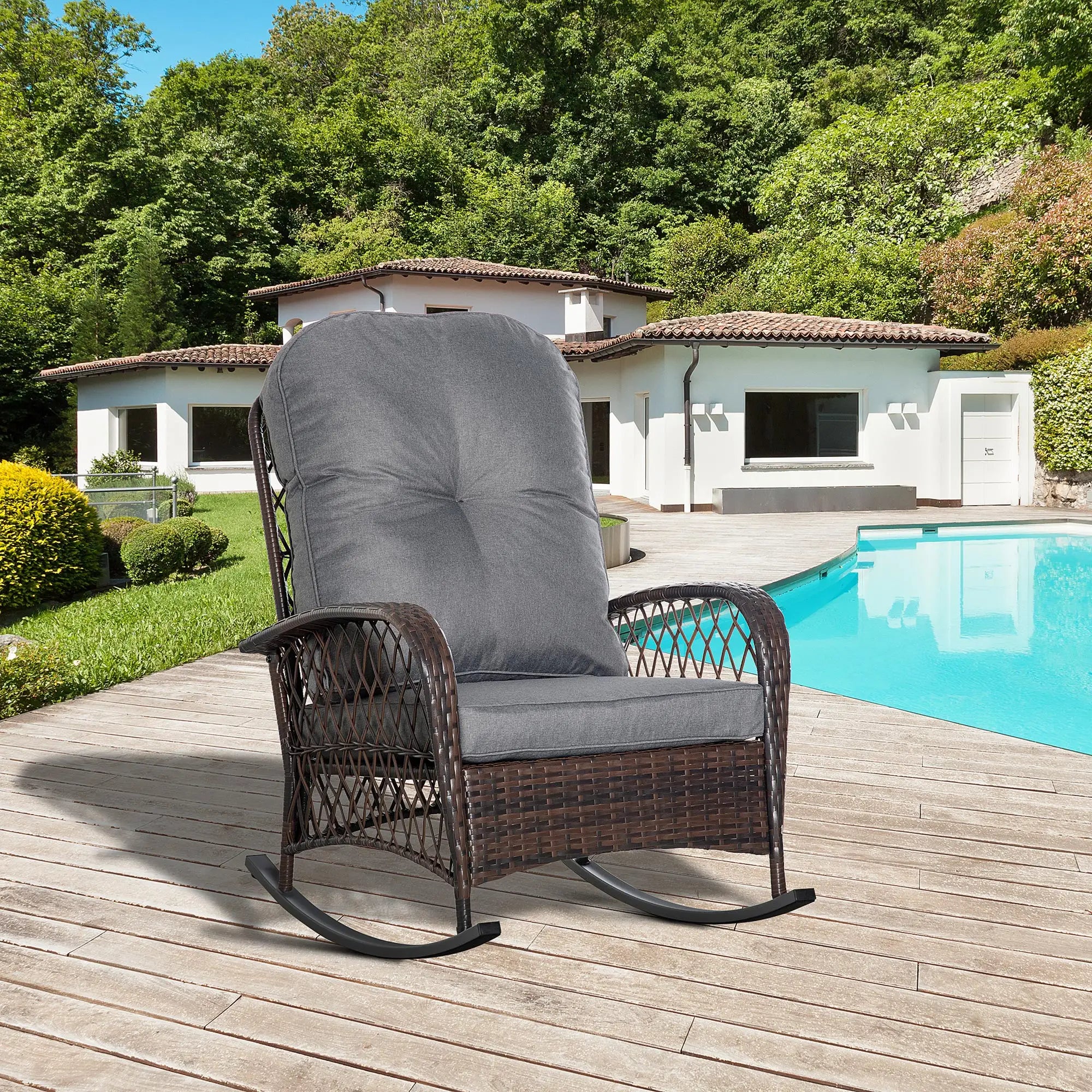 Rattan Rocking Chair, Outdoor Wicker Patio Rocker with Cushions, Grey Outdoor Rocking Chairs at Gallery Canada