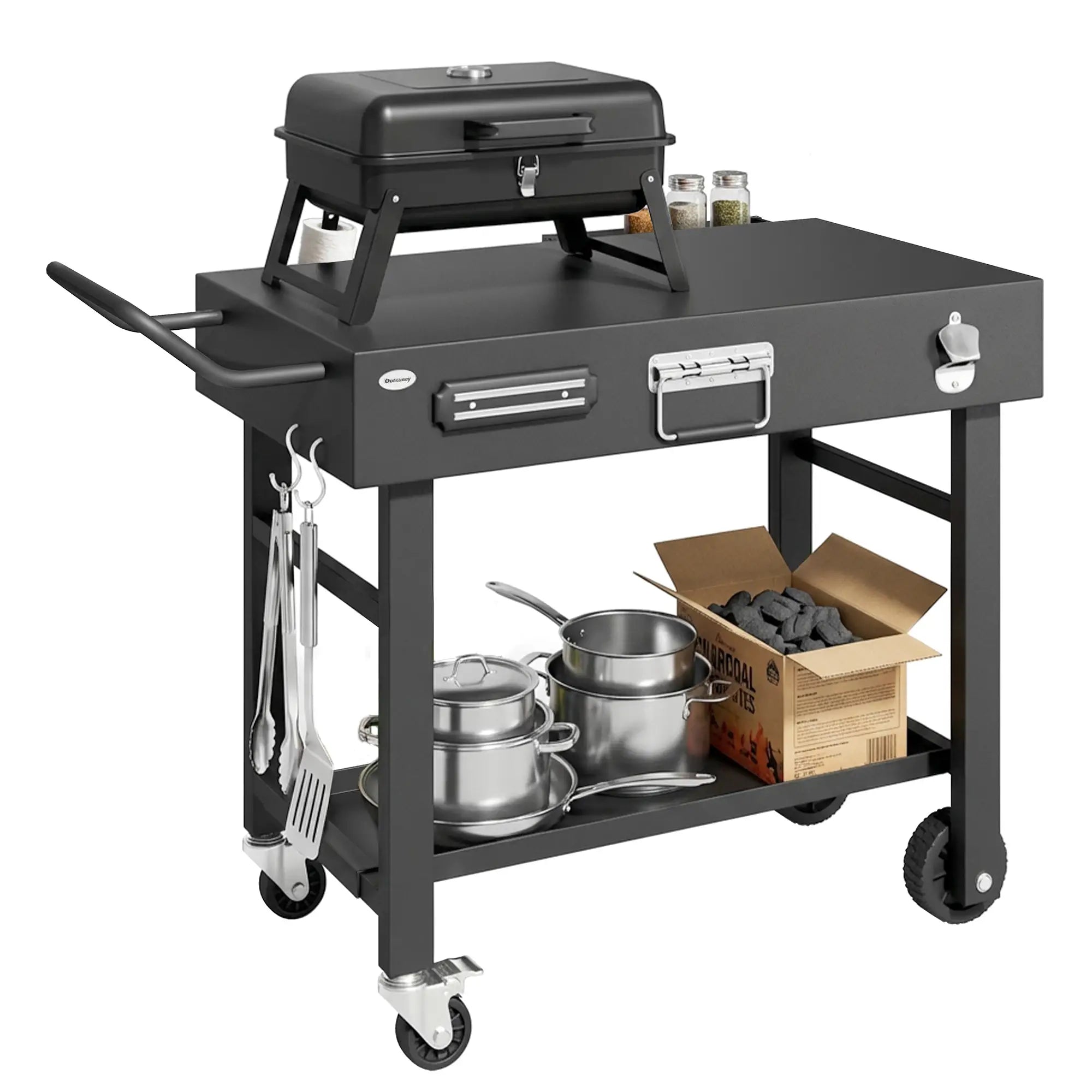 Outdoor Grill Cart, Folding Table With Magnetic Knife Holder, Hooks, Black Outdoor Grill Carts at Gallery Canada