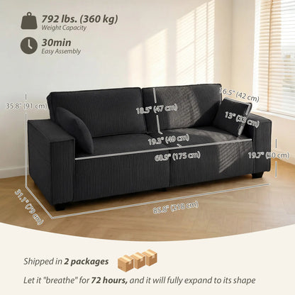 86" 3 Seater Sofa, Modern Corduroy Couch, Dark Grey 3-Seater Sofas at Gallery Canada