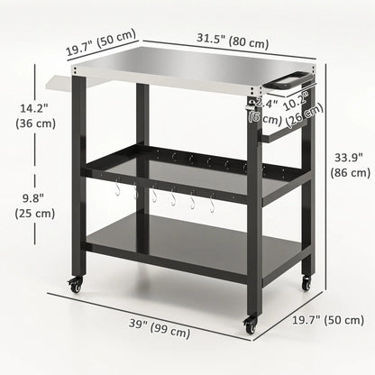 Outdoor Kitchen Bar Cart With Wheels, Stainless Steel Pizza Oven Stand, Movable Prep Table With Hooks Outdoor Grill Carts at Gallery Canada