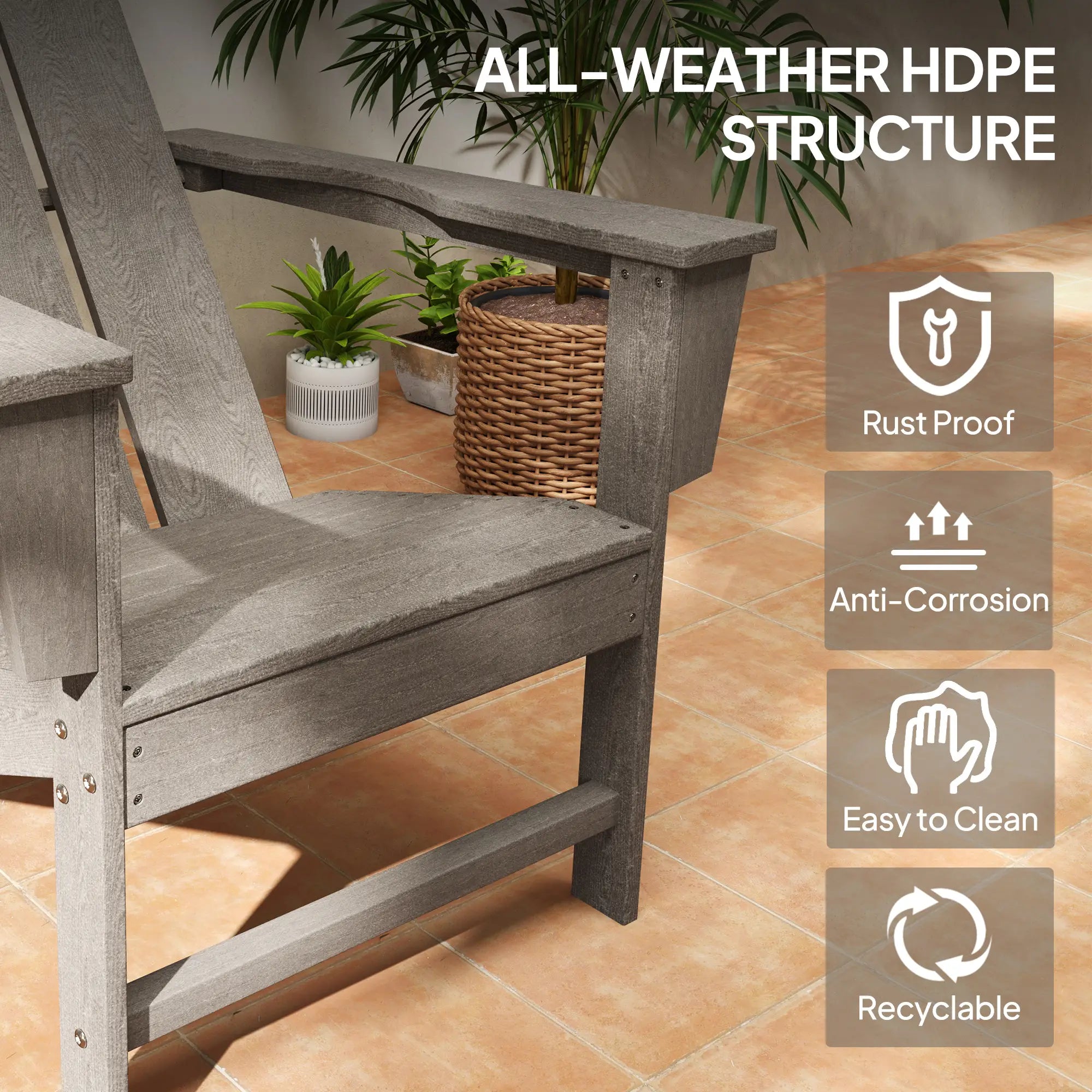HDPE Plastic Adirondack Chair, High Back, Wide Armrests, Dark Grey Patio Chairs at Gallery Canada