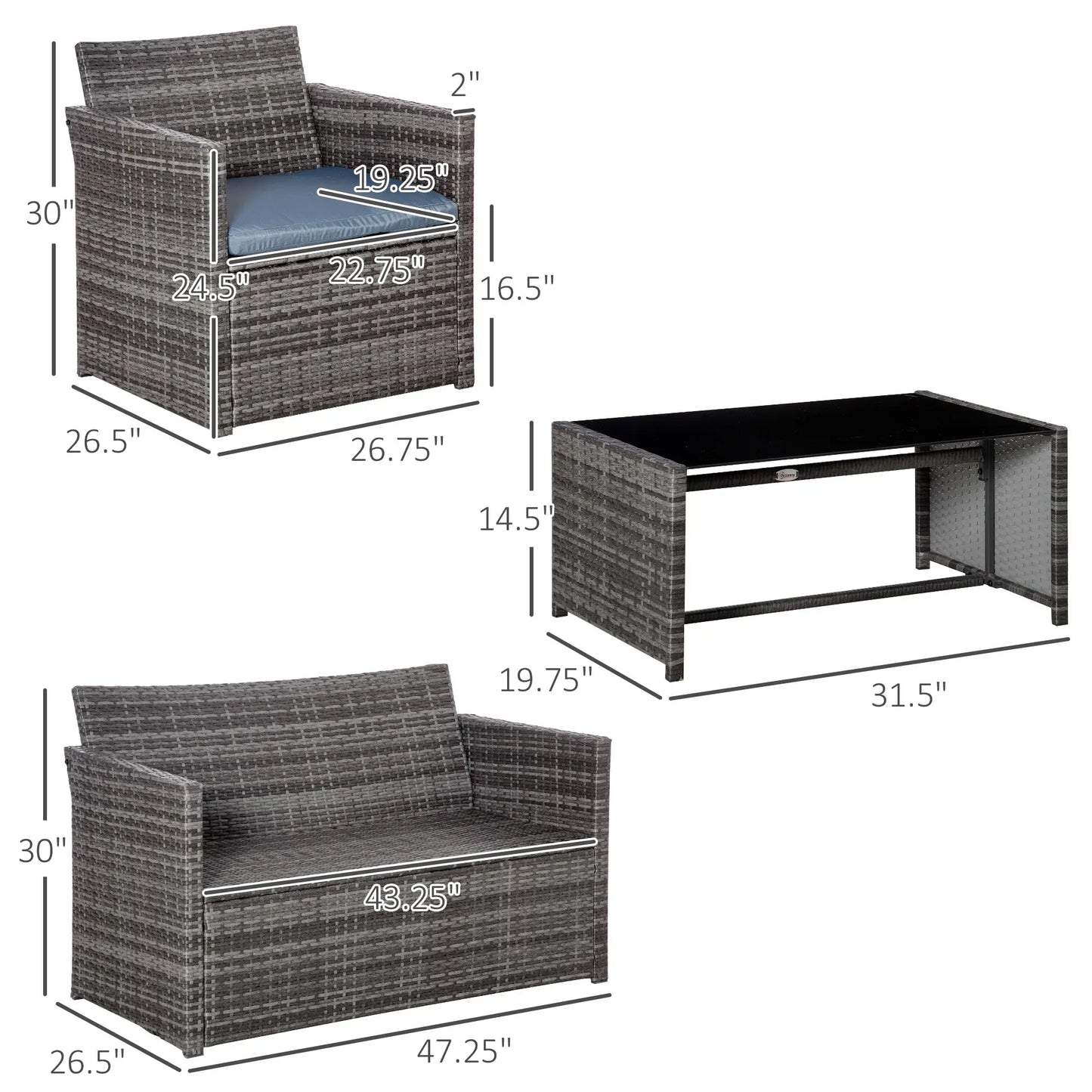 4-Piece Patio Furniture Set with Cushions, Outdoor PE Rattan Sofa, 2 Chairs, Glass Table, Grey Patio Furniture Sets at Gallery Canada