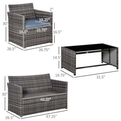 4-Piece Patio Furniture Set with Cushions, Outdoor PE Rattan Sofa, 2 Chairs, Glass Table, Grey Patio Furniture Sets at Gallery Canada