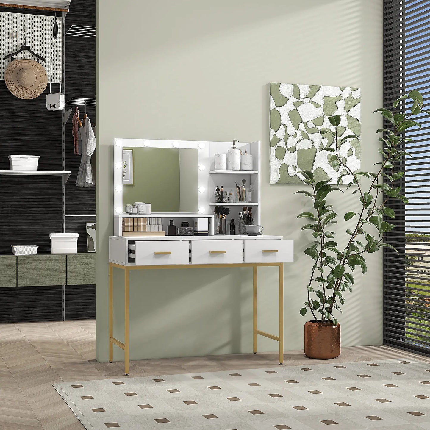 LED Vanity Table with Mirror, 3 Drawers, Storage Shelves, White Dressing & Vanity Tables at Gallery Canada