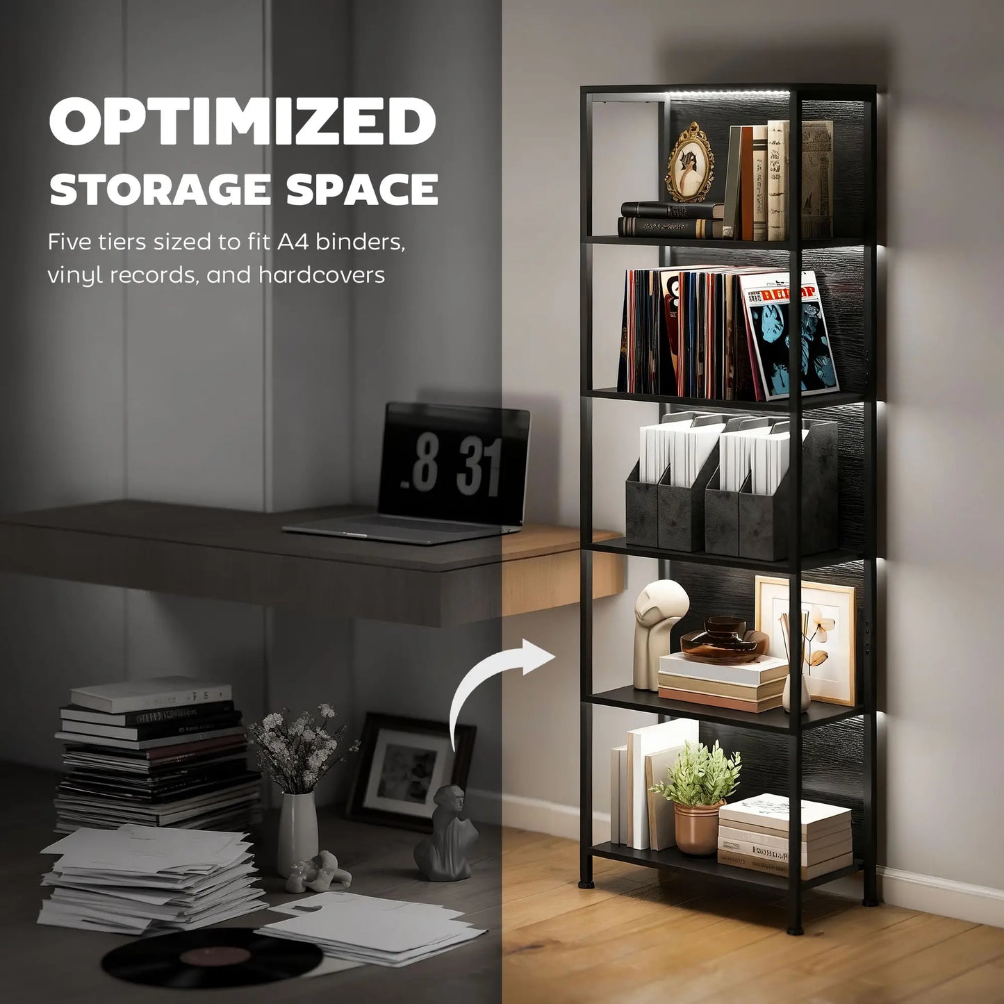5-Tier Bookshelf With LED Lights, Metal Frame, Black