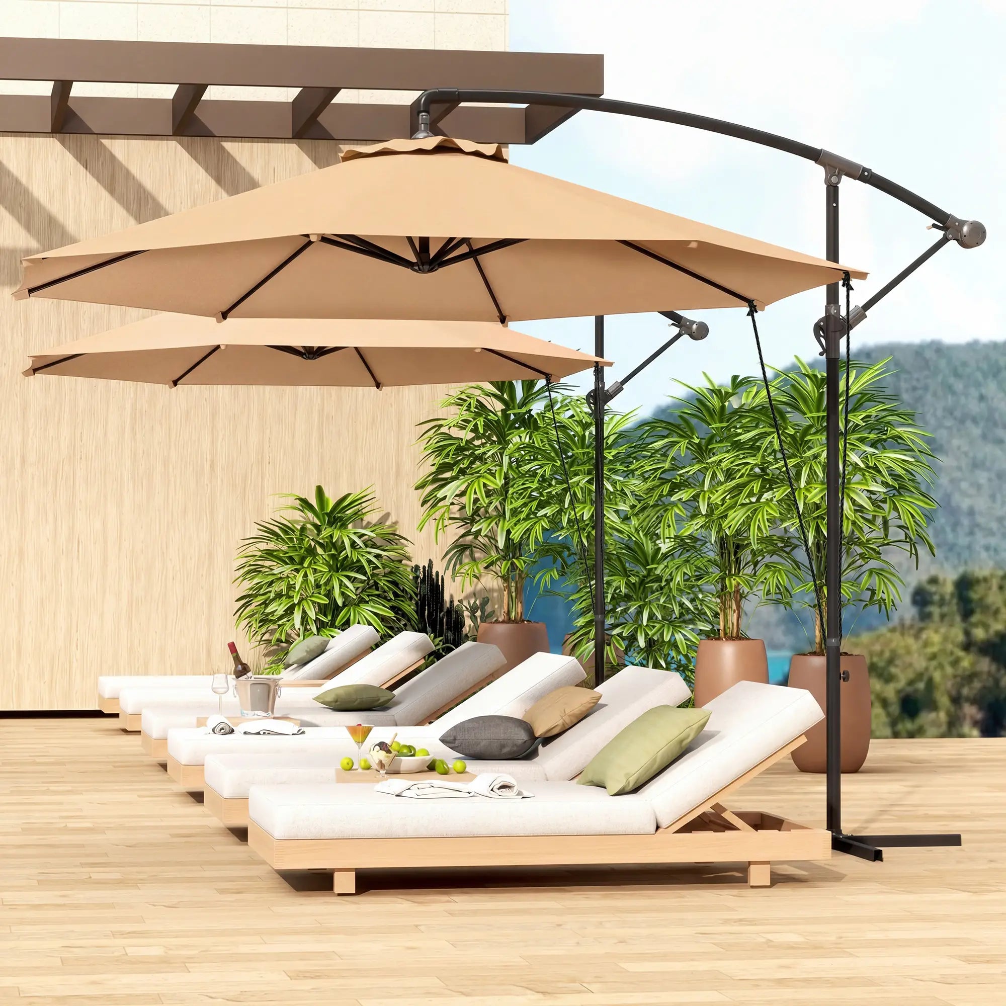 9.5' Cantilever Umbrella With Wind Strap, Cover, Crank, Cross Base, Khaki Offset Cantilever Umbrellas at Gallery Canada