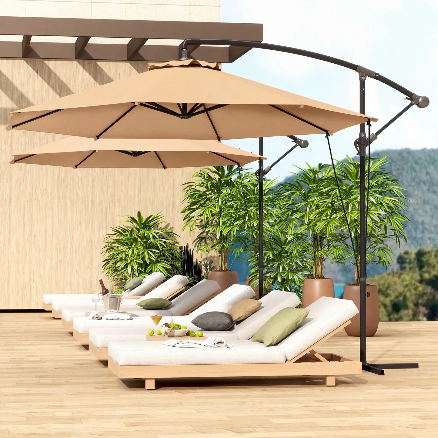 9.5' Cantilever Umbrella With Wind Strap, Cover, Crank, Cross Base, Khaki Offset Cantilever Umbrellas at Gallery Canada