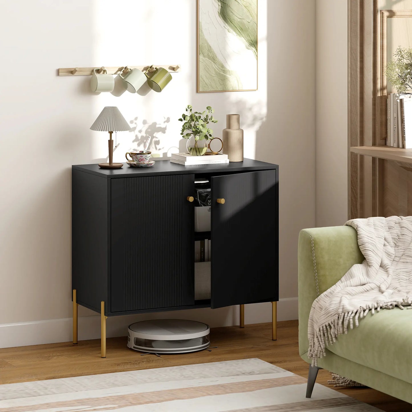 Sideboard, Modern Buffet Cabinet, Coffee Bar with Fluted Doors, Black Storage Cabinets at Gallery Canada