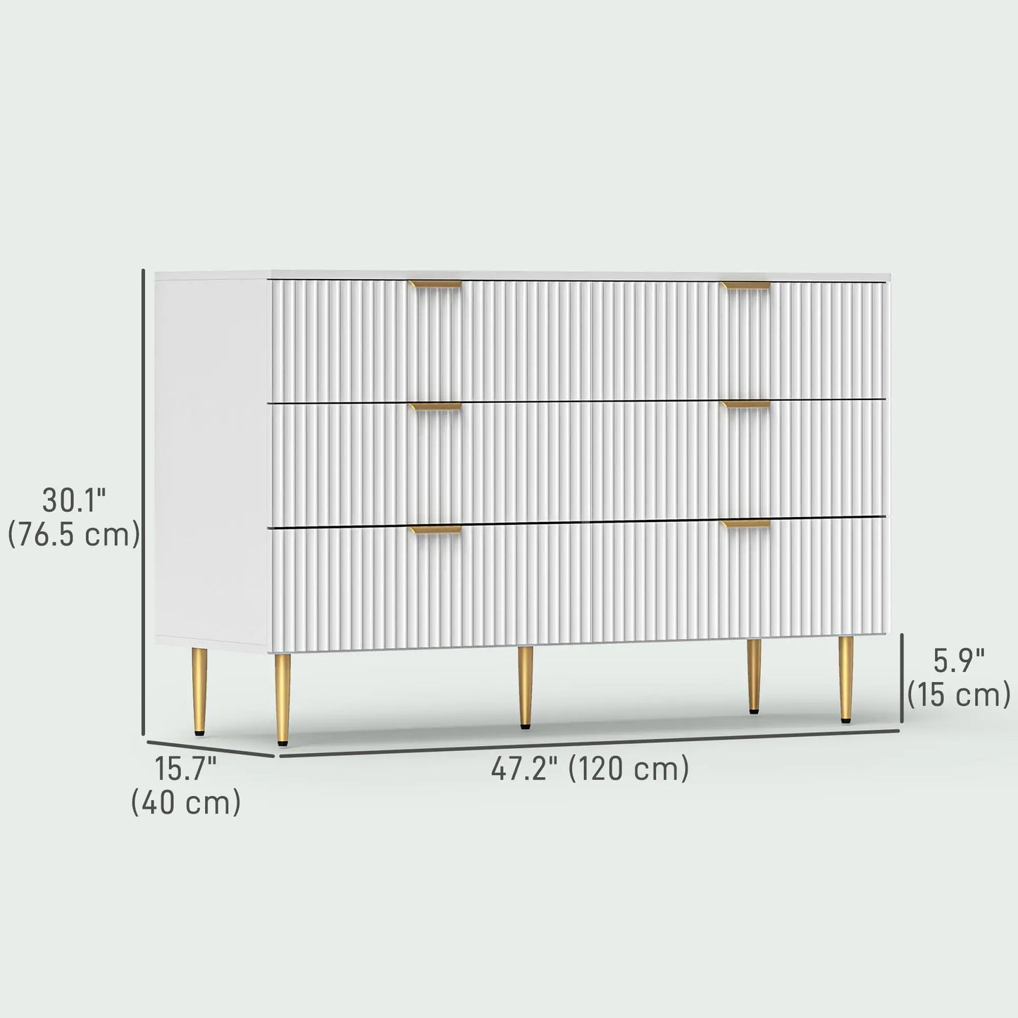 Modern 6 Drawer Dresser, Gold Legs and Handles, White Storage Cabinets at Gallery Canada