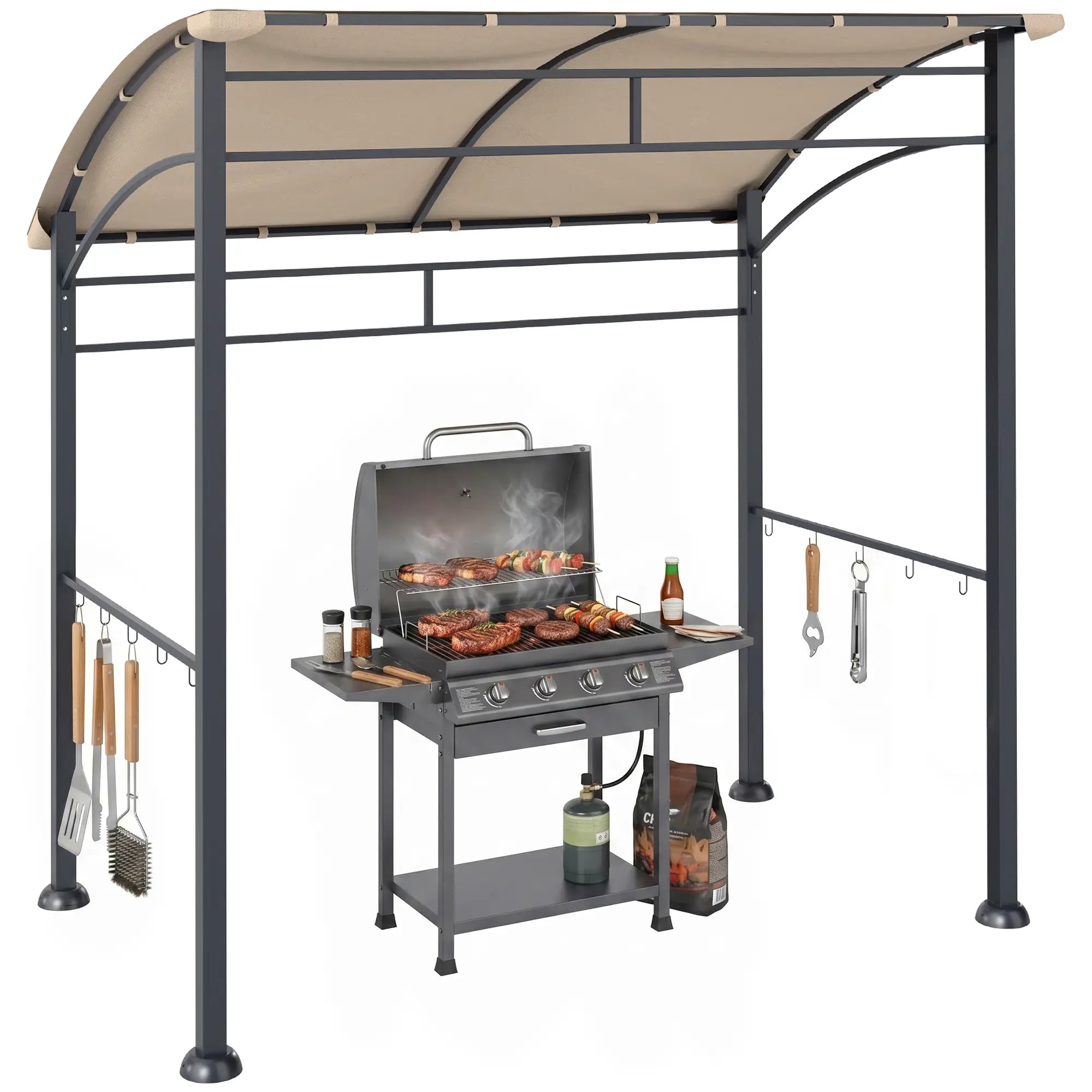 7' x 5' BBQ Grill Gazebo Tent, Steel Frame, Hooks, Khaki BBQ Grill Gazebos at Gallery Canada