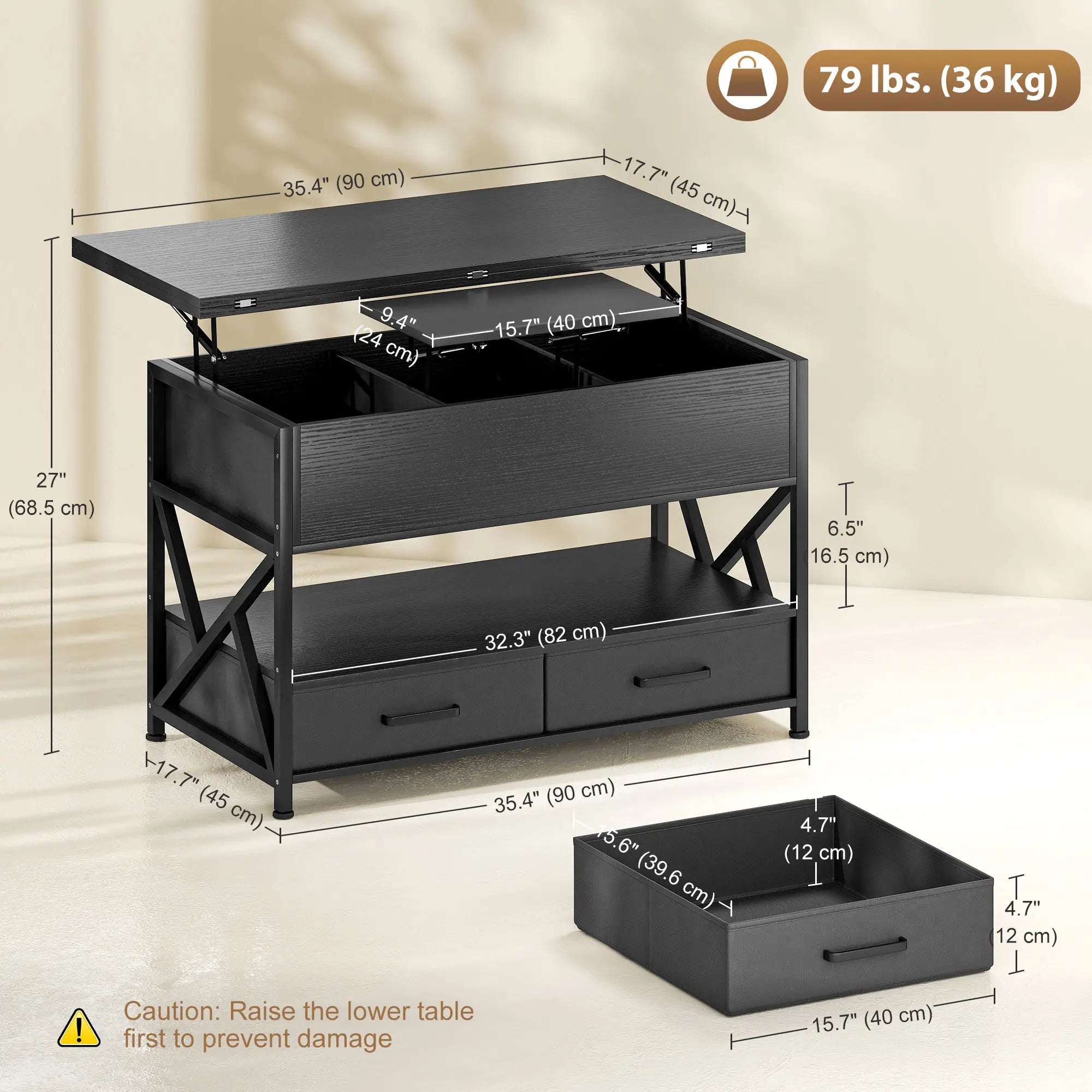 Modern Lift Top Coffee Table, Fabric Drawers, Hidden Storage, Distressed Black Coffee Tables at Gallery Canada