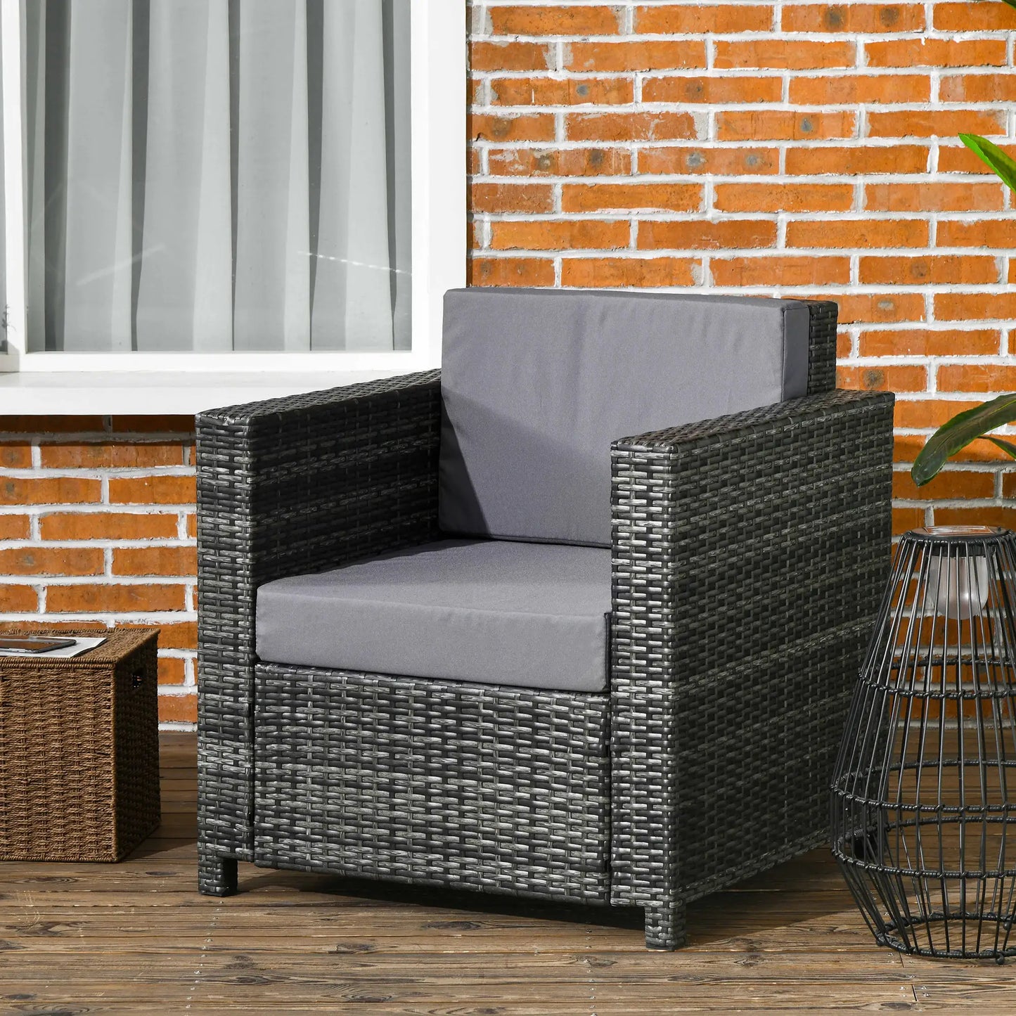 Outdoor Rattan Sofa, Patio Wicker Armchair with Cushions, Grey Patio Chairs at Gallery Canada