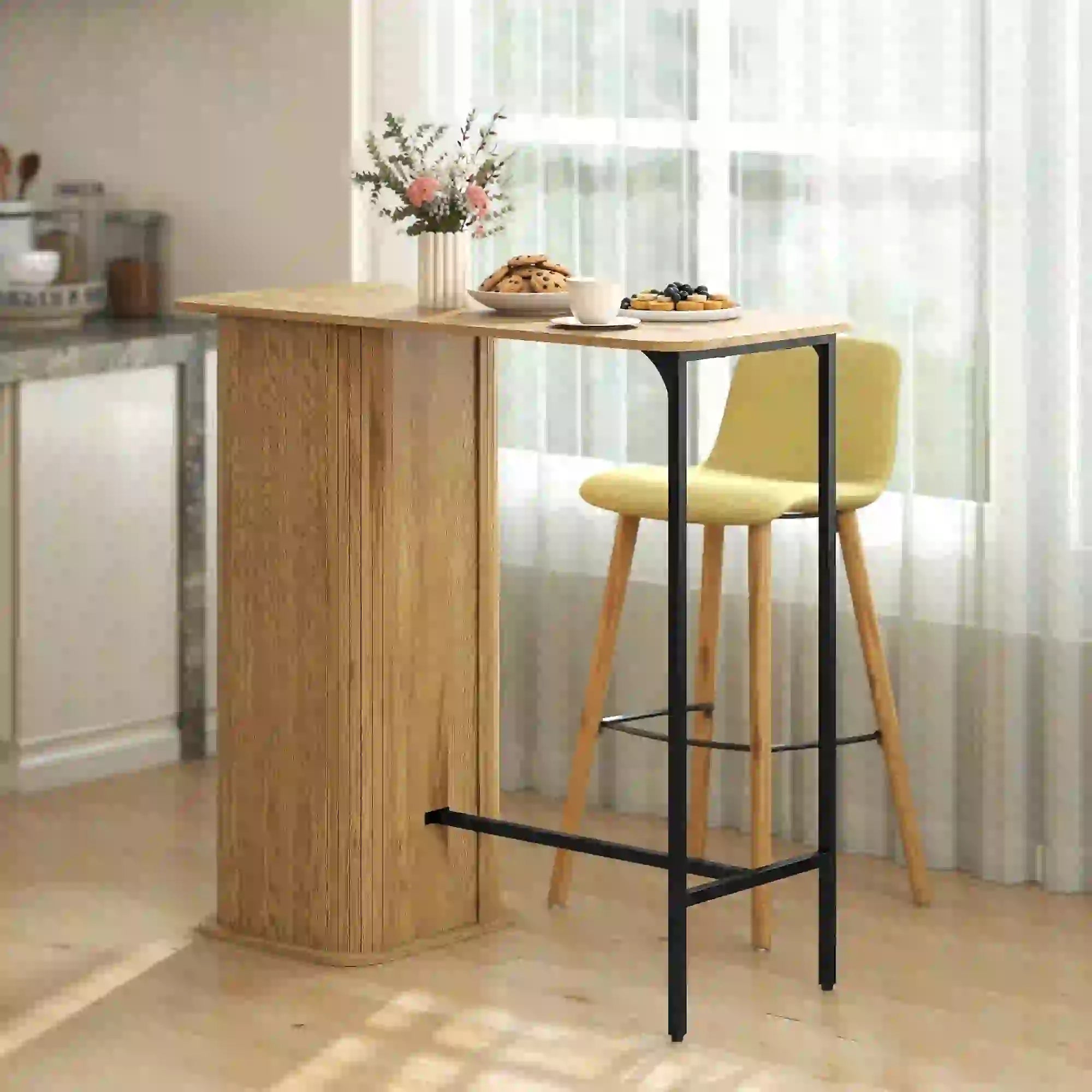 Tambour Bar Height Table, 3 Storage Shelves, Metal Frame, Natural Bar Tables at Gallery Canada