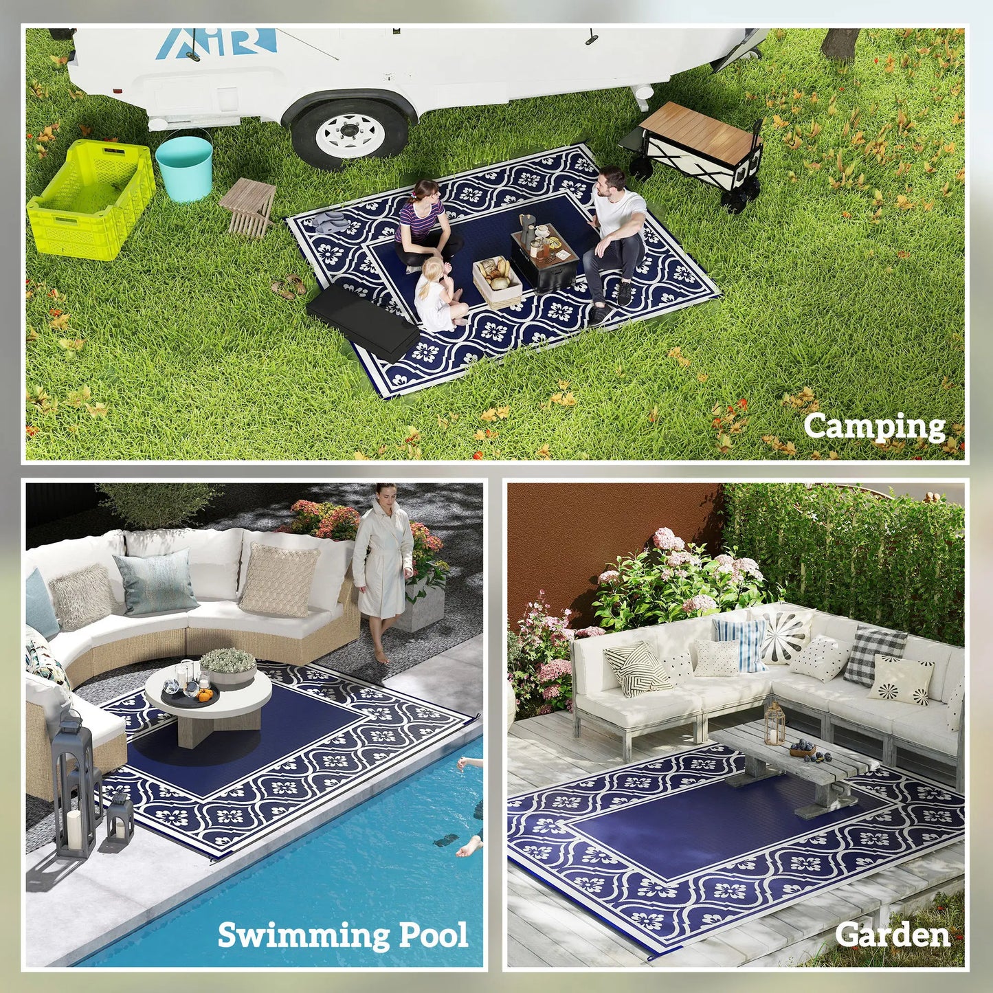 8' x 10' Outdoor RV Rug, Reversible, Gourd Border, White, Blue Garden Decor at Gallery Canada