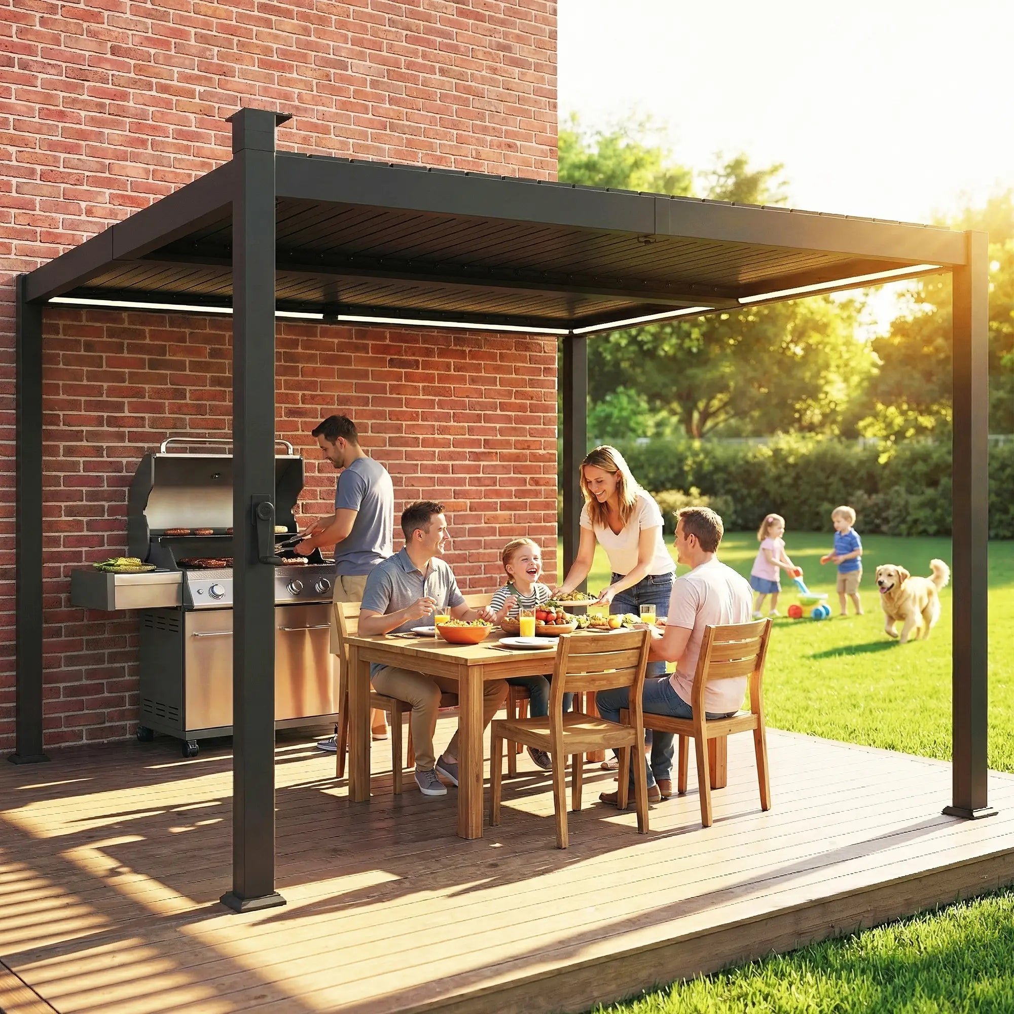10 x 10 ft Louvered Pergola with Solar LED lights, Metal Roof, Outdoor Pergola Gazebo with Drainage Gutters, Black Pergolas at Gallery Canada