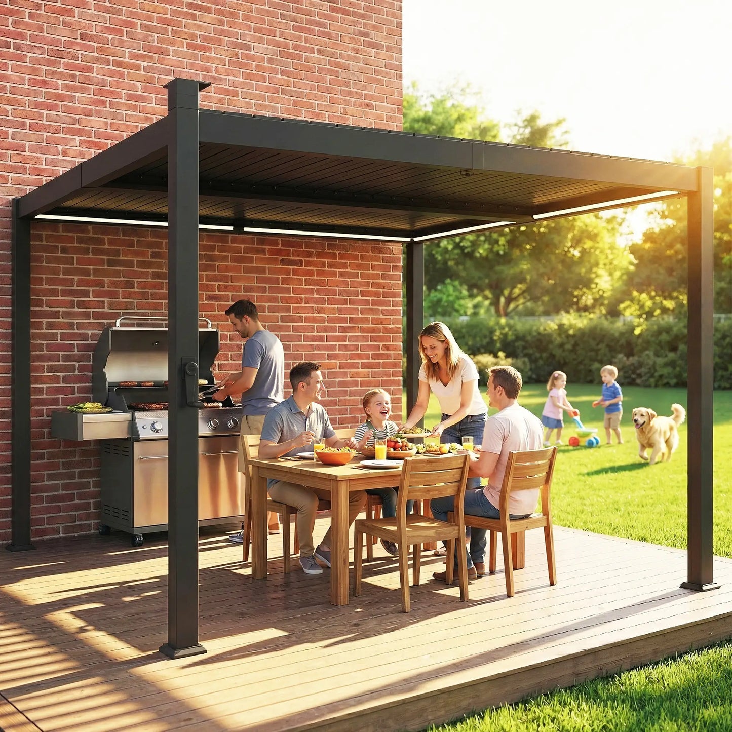 10 x 10 ft Louvered Pergola with Solar LED lights, Metal Roof, Outdoor Pergola Gazebo with Drainage Gutters, Black Pergolas at Gallery Canada