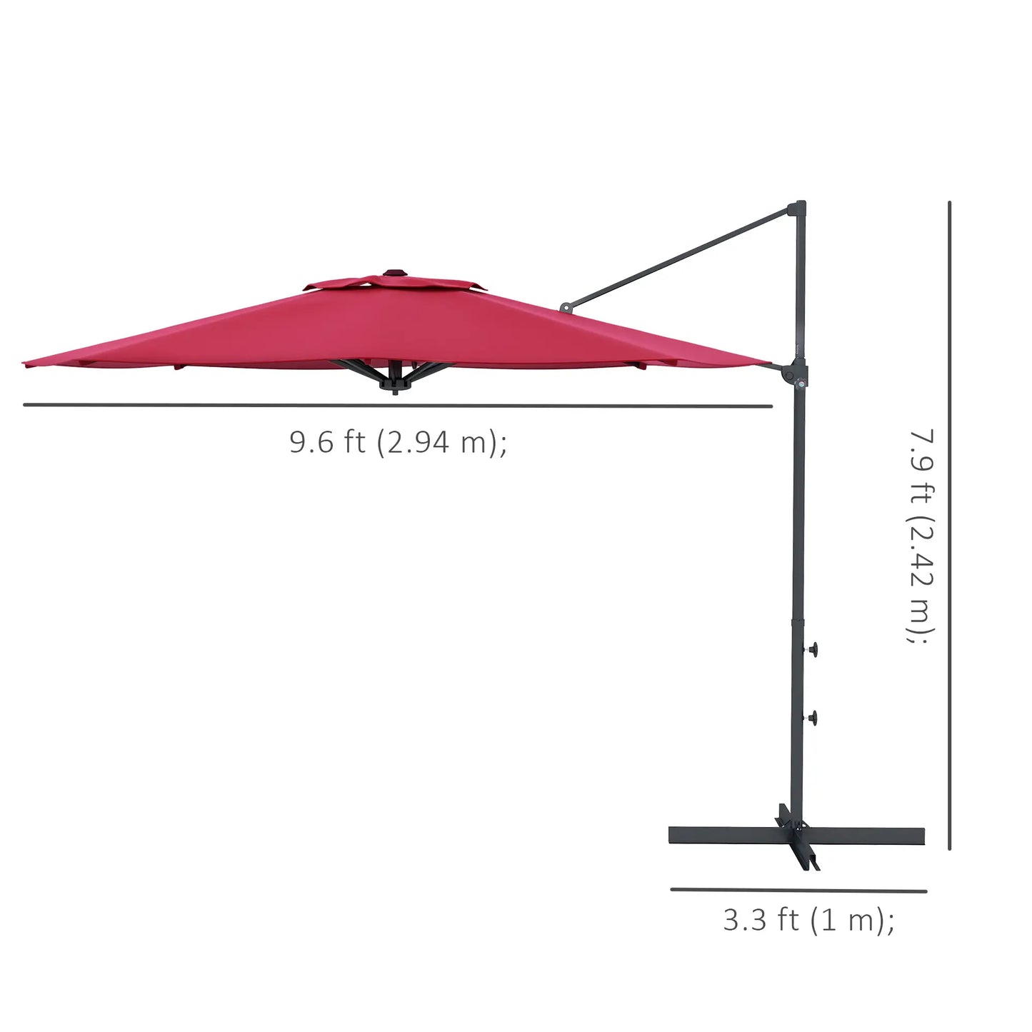 10 FT Cantilever Umbrella, Aluminum, 360° Rotation, Crank, Tilt, Cross Base, Red Cantilever Umbrellas at Gallery Canada