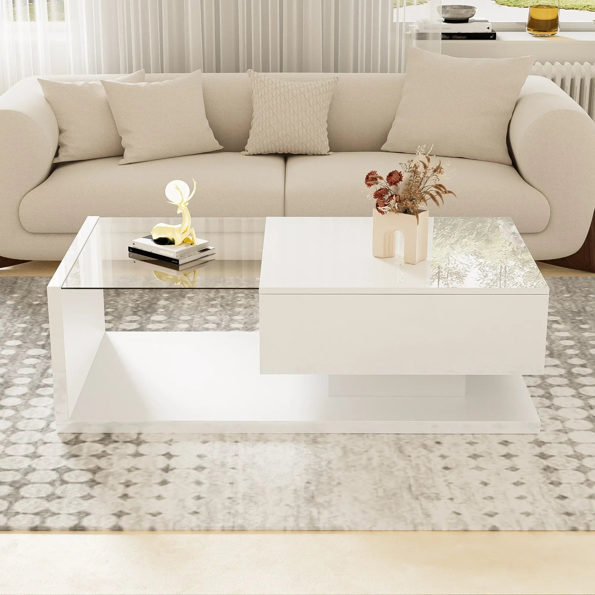 Modern Coffee Table, Glass LED Effect, Storage, 41.5