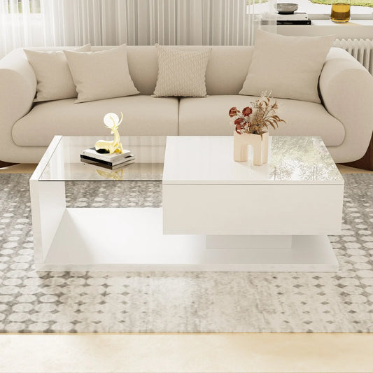 Modern Coffee Table, Glass LED Effect, Storage, 41.5" L x 21.5" W x 12.5" H, White Coffee Tables White at Gallery Canada