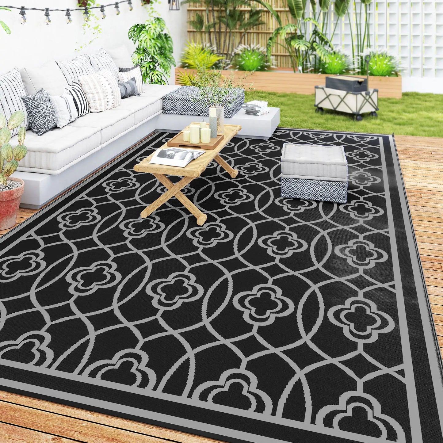 9' x 18' Outdoor RV Rug, Reversible Patio Floor Mat, Black and Grey Garden Decor at Gallery Canada