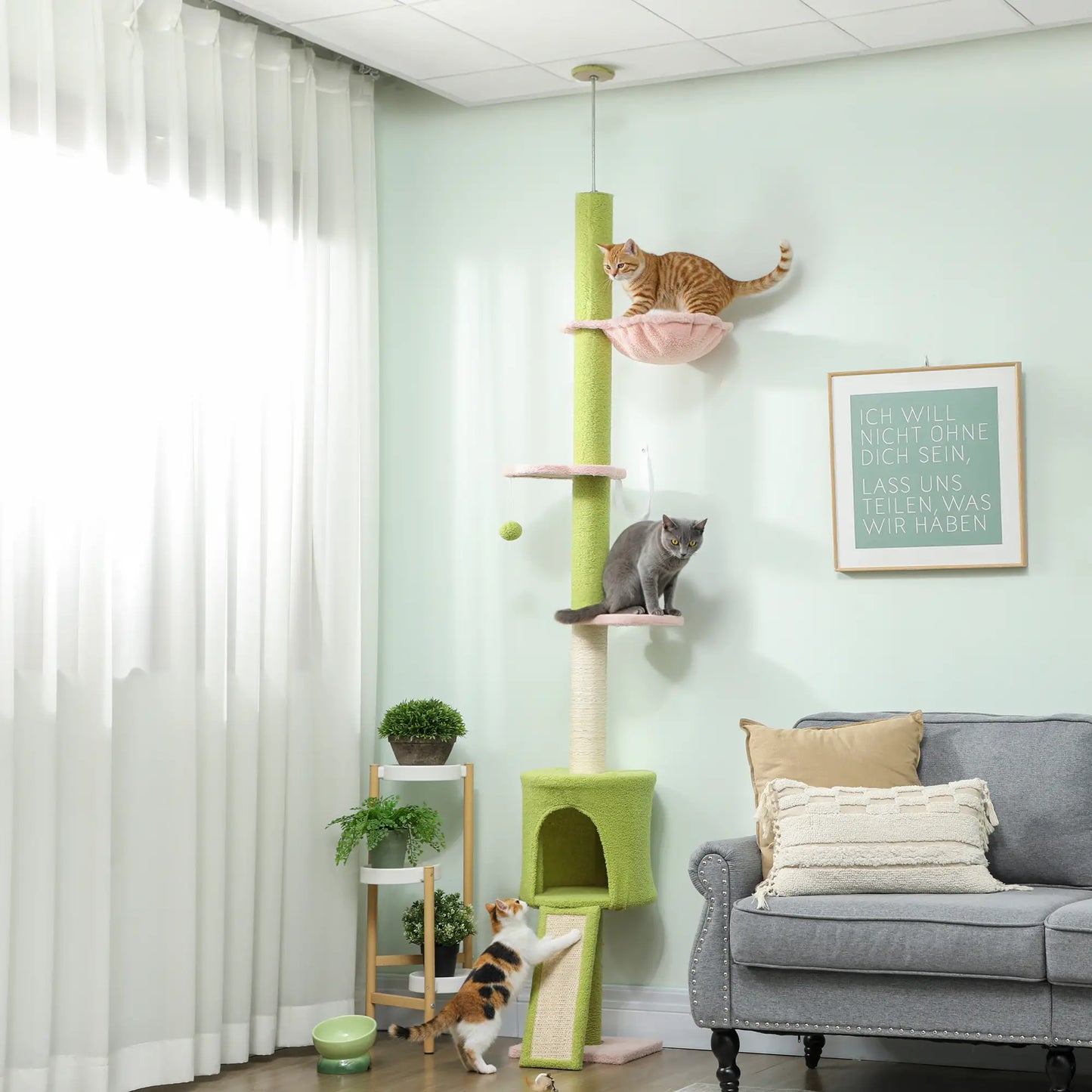 87"-94.5" Cat Tree, Sisal Scratching Post, Condo, Hammock, Ramp, Perches, Green Floor to Ceiling Cat Trees at Gallery Canada