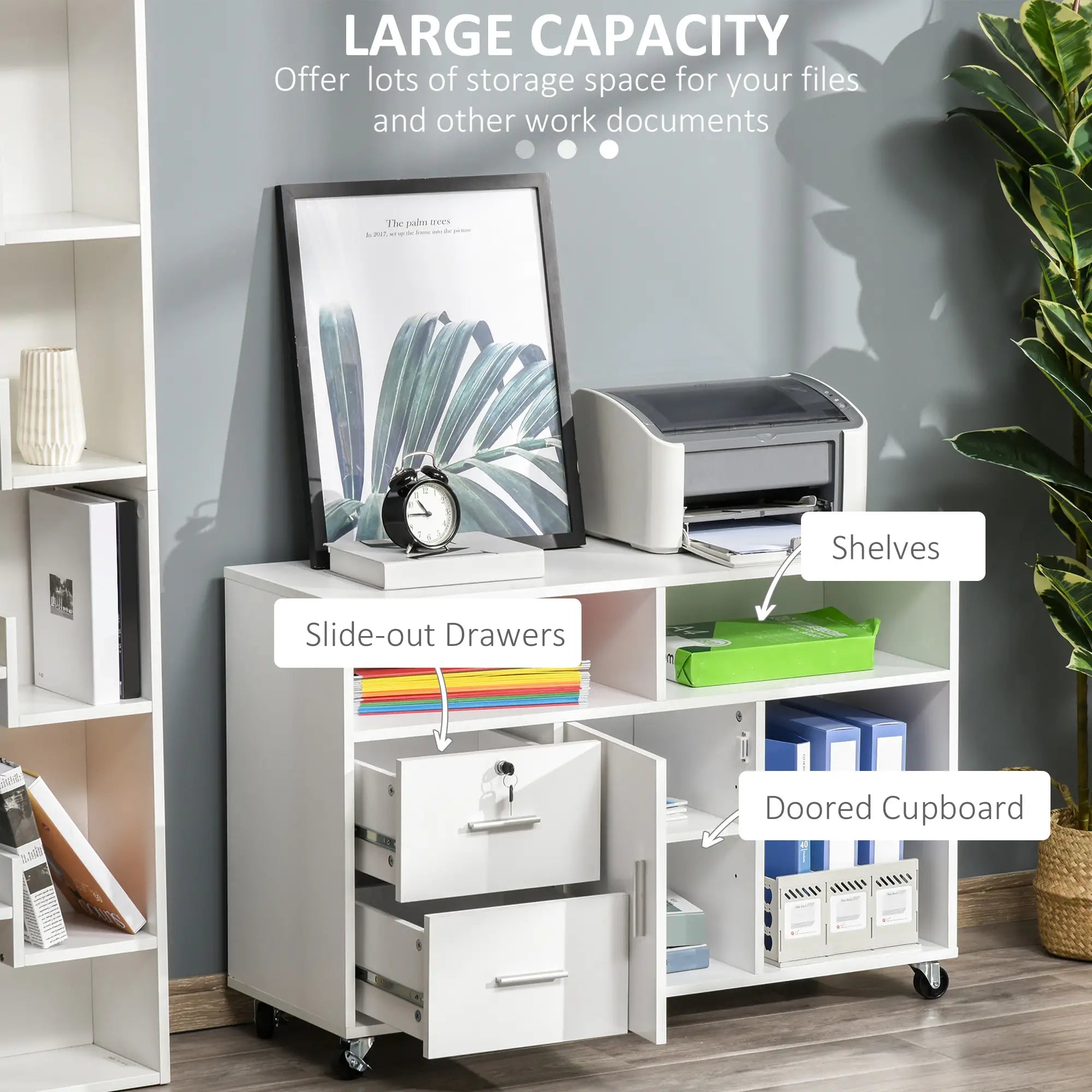 Lateral Filing Cabinet, Open Shelf, Mobile with Wheels, Lockable Drawer, White Office Cabinets & Cupboards at Gallery Canada