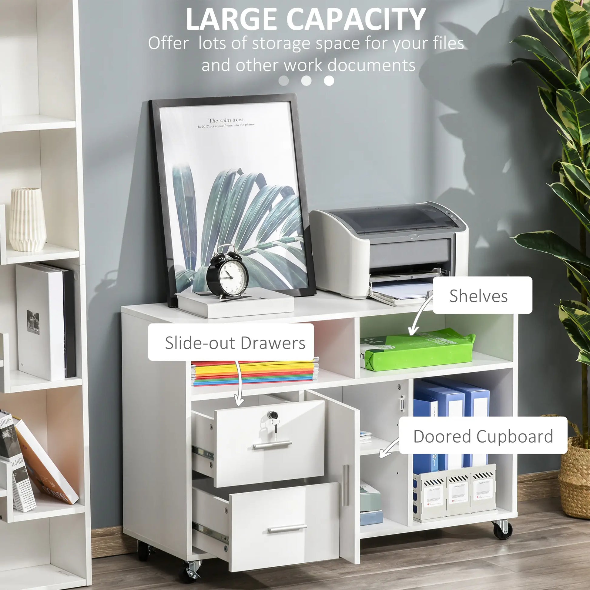 Lateral Filing Cabinet, Open Shelf, Mobile with Wheels, Lockable Drawer, White Office Cabinets & Cupboards at Gallery Canada