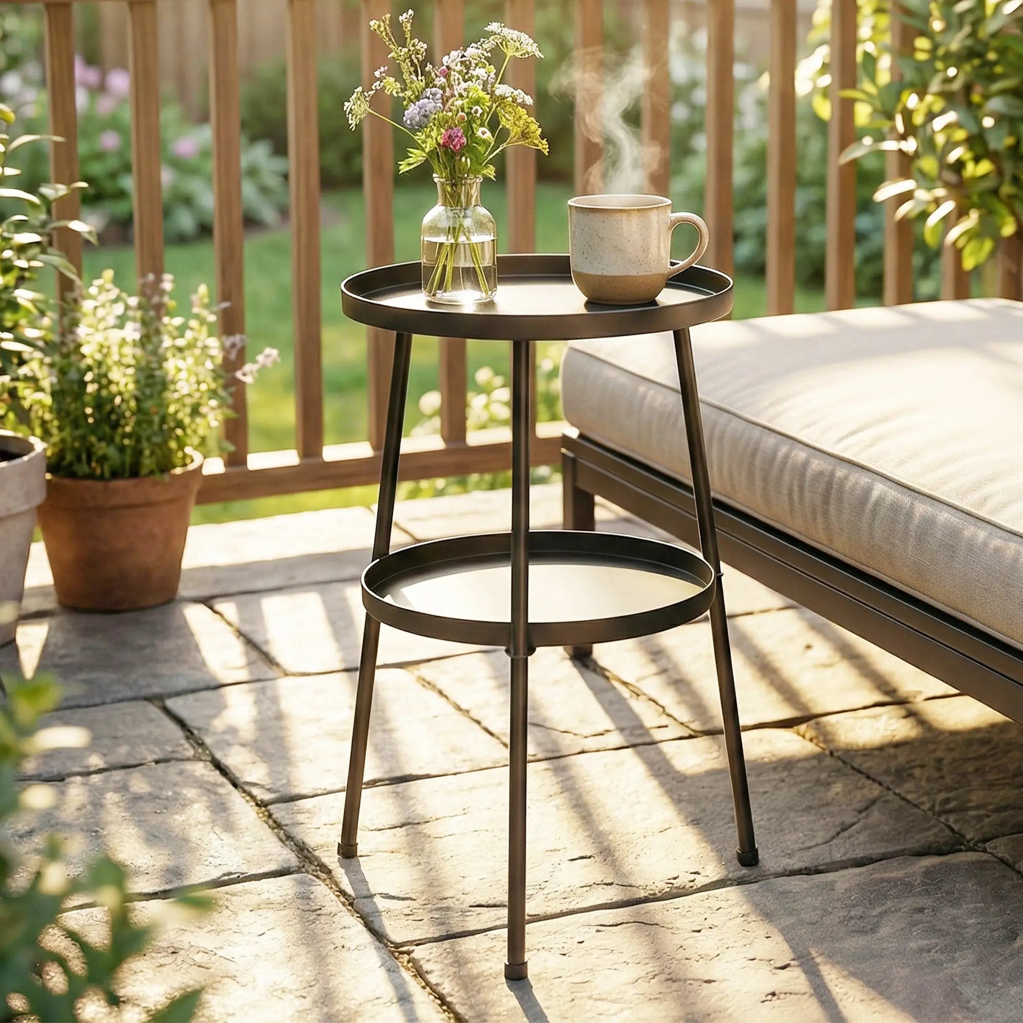 Metal Patio Side Table, 2-Tier Round End Table, Black Patio Side Tables at Gallery Canada