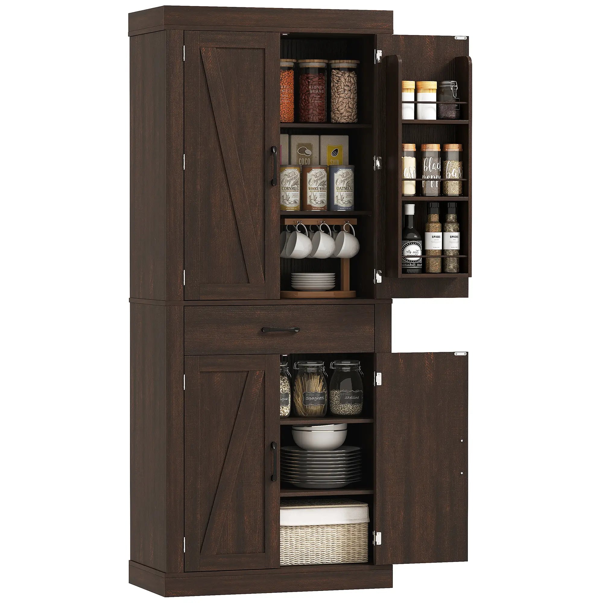 72 Inch Kitchen Pantry Cabinet, Farmhouse Storage, 4 Barn Doors, Brown Kitchen Pantry Cabinets at Gallery Canada