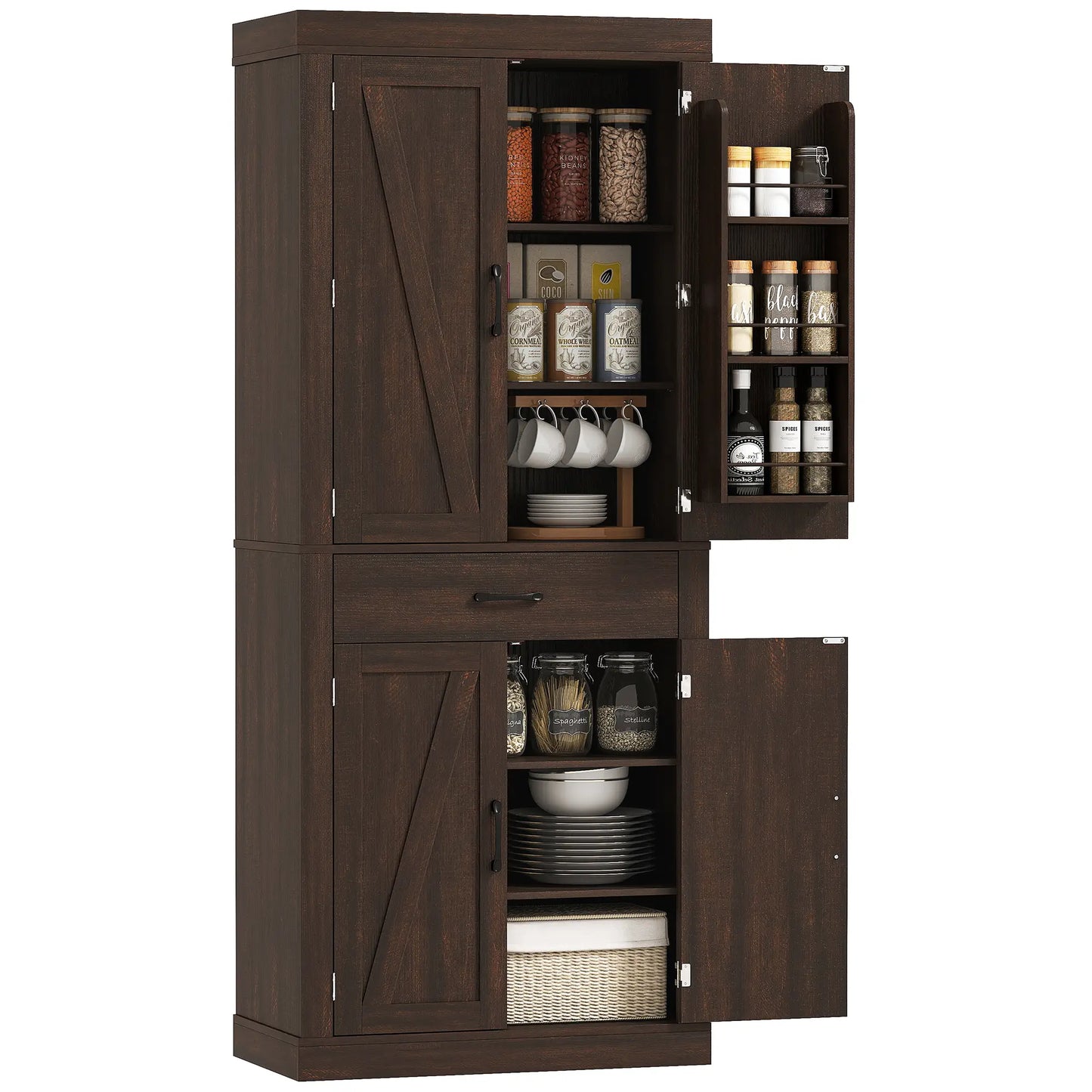 72 Inch Kitchen Pantry Cabinet, Farmhouse Storage, 4 Barn Doors, Brown Kitchen Pantry Cabinets at Gallery Canada
