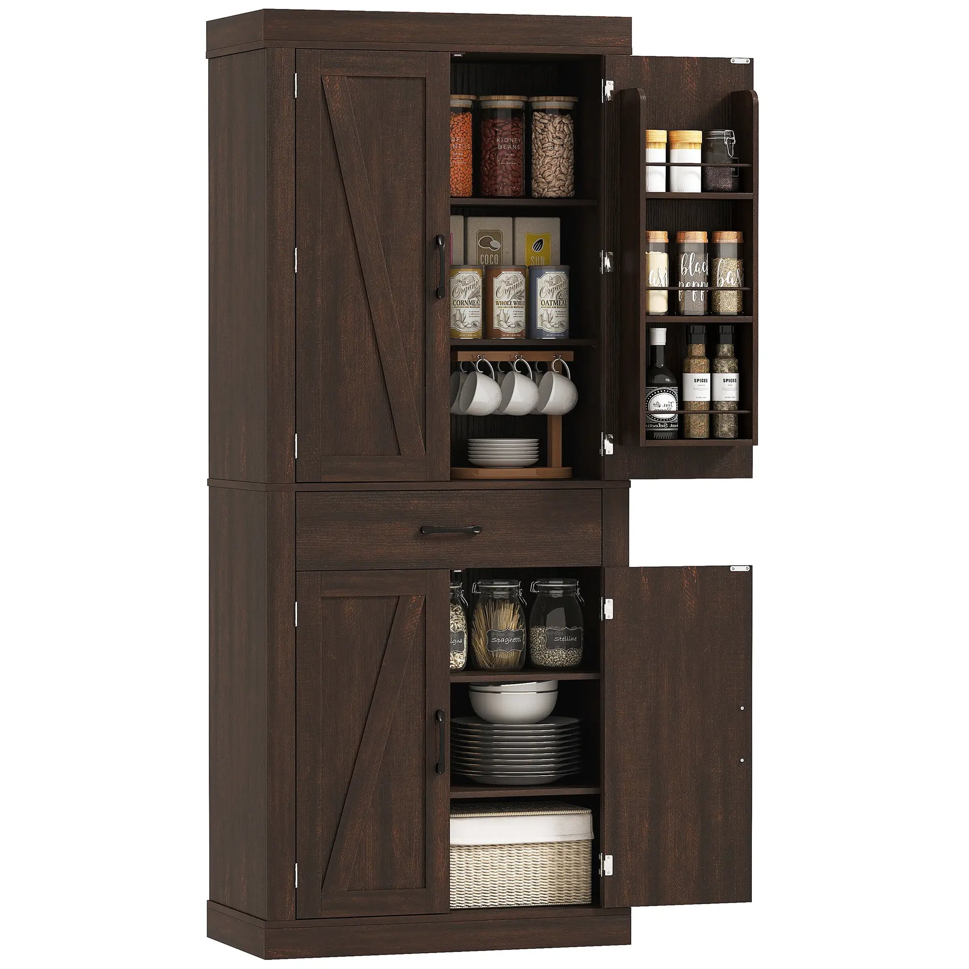 72 Inch Kitchen Pantry Cabinet, Farmhouse Storage, 4 Barn Doors, Brown Kitchen Pantry Cabinets at Gallery Canada
